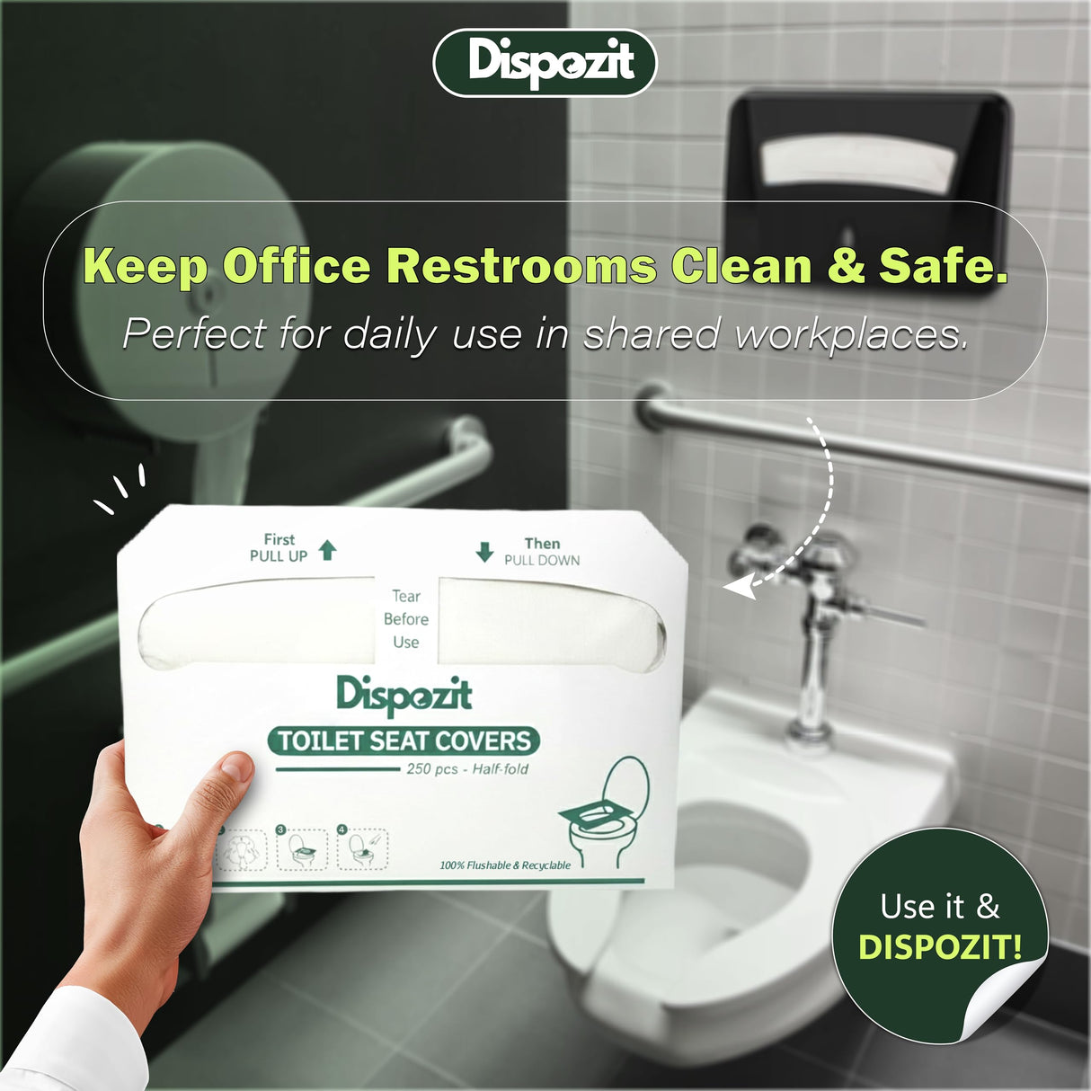 1250 Pcs Disposable Flushable Toilet Seat Covers (5 Packs of 250 Pcs) | 100% Biodegradable Commercial Toilet Seat Covers | Half-Fold Wall Dispenser Compatible | DISPOZIT Safe Liners