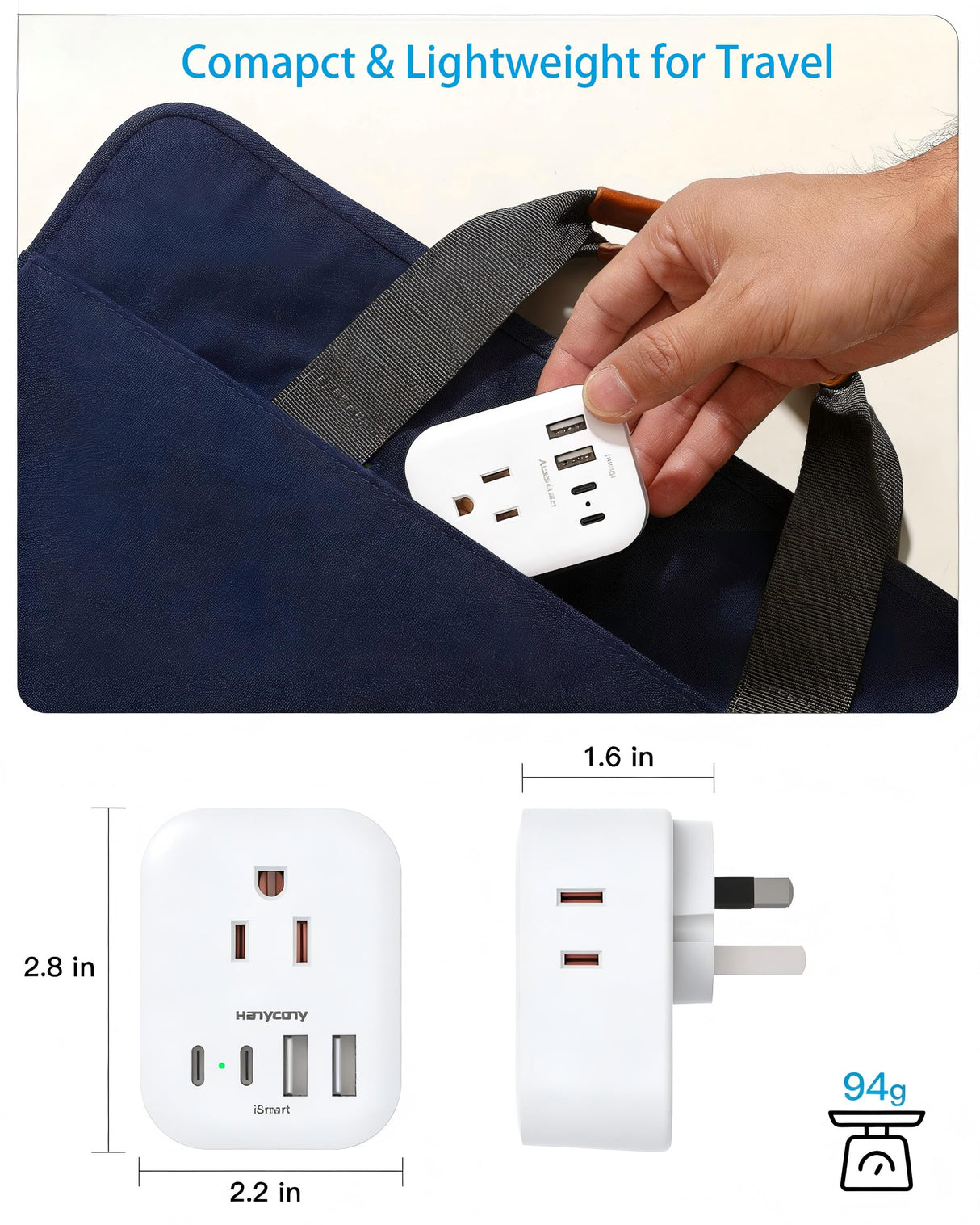 Australia Plug Adapter 2 Pack, HANYCONY New Zealand Power Adapter with 4 Outlets 4 USB (2 USB C), Type I Travel Adapter for US to Australian Argentina AU China Fiji Samoa Tonga Kiribati