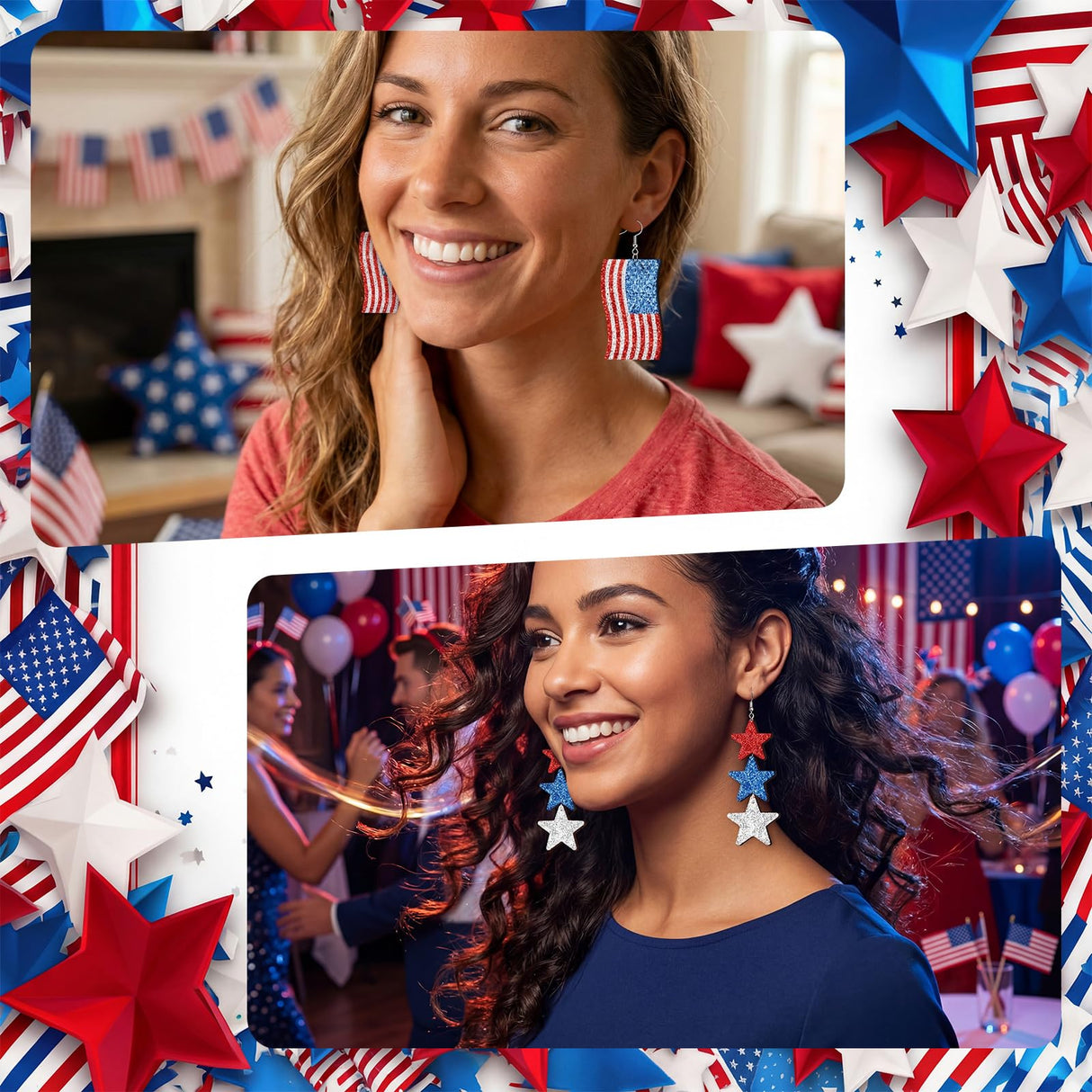 Landical 30 Pairs Glitter 4th of July Patriotic Earrings Bulk for Women Double Sided Print 250th Anniversary Independence Day Wooden Earring American Flag Red White Blue Jewelry Gift for Party