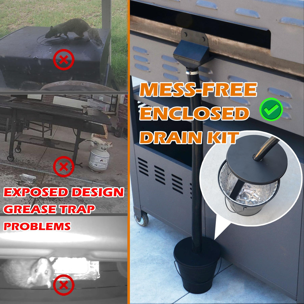 Rear Grease Drainage System for Blackstone Grease Catcher, Upgraded Grease Trap Funnel with Larger Silicone Hose, Removable Magnetic Grease Gate, Grease Bucket W/Lid, 12-Pack Foil Bucket Liners