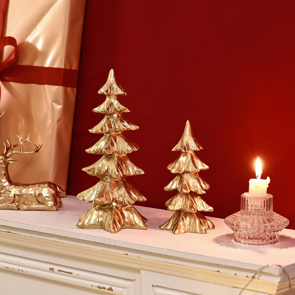 FESTGLOX Gold Christmas Tree Figurines,Small Resin Christmas Tabletop Trees