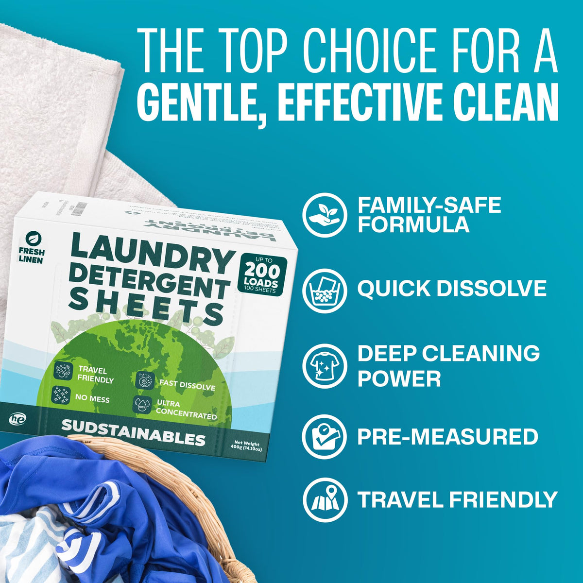 Sudstainables Laundry Detergent Sheets, Fresh Linen, 200 Loads