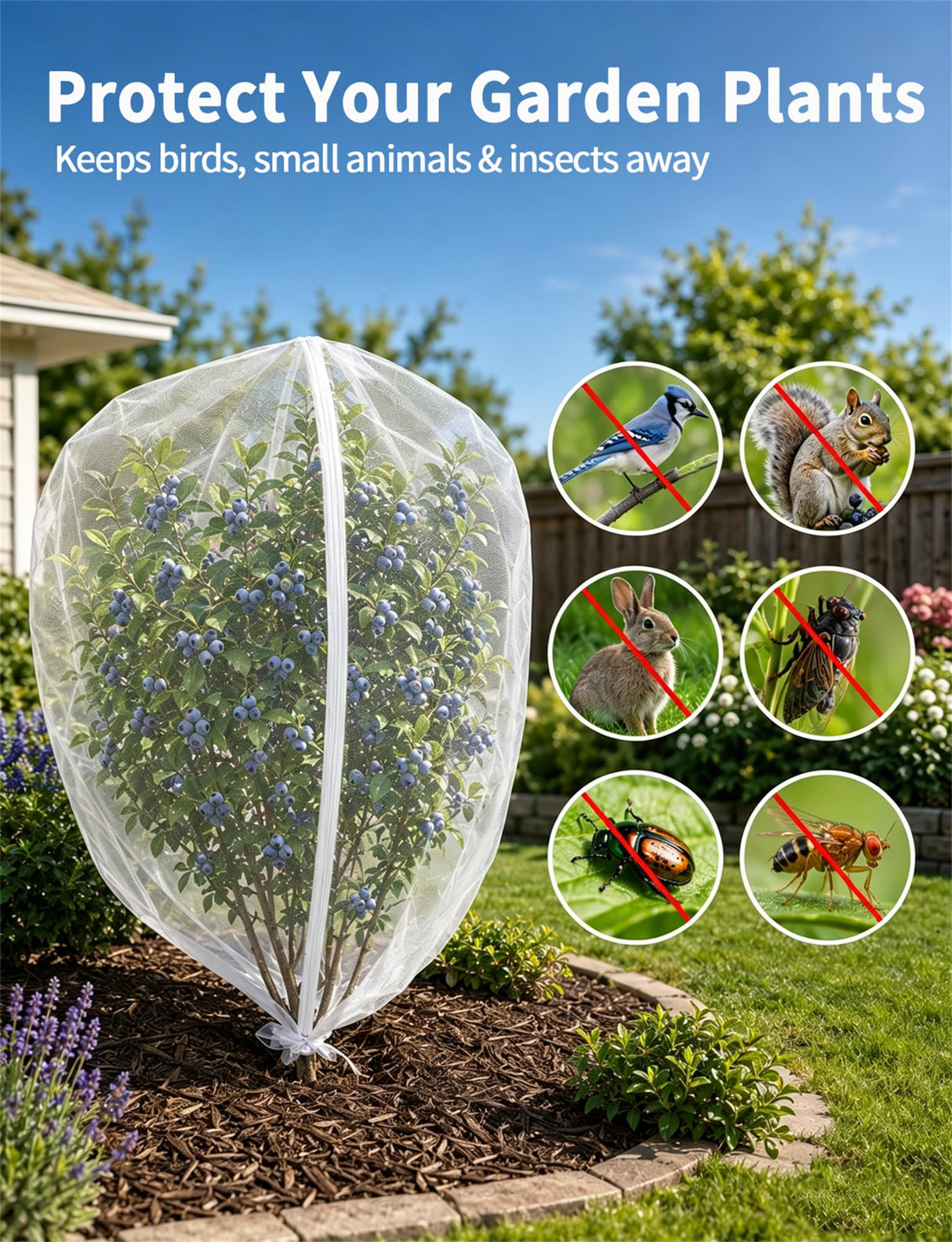 Garden Bird Netting for Insects, 2 Pack 5x3.28ft, Fruit Tree Netting with Zipper & Drawstring, Ultra Dense Mesh Plant Covers for Blueberry Tomato Cherry Peach Apple Trees Pest Barrier (5x3.28FT)