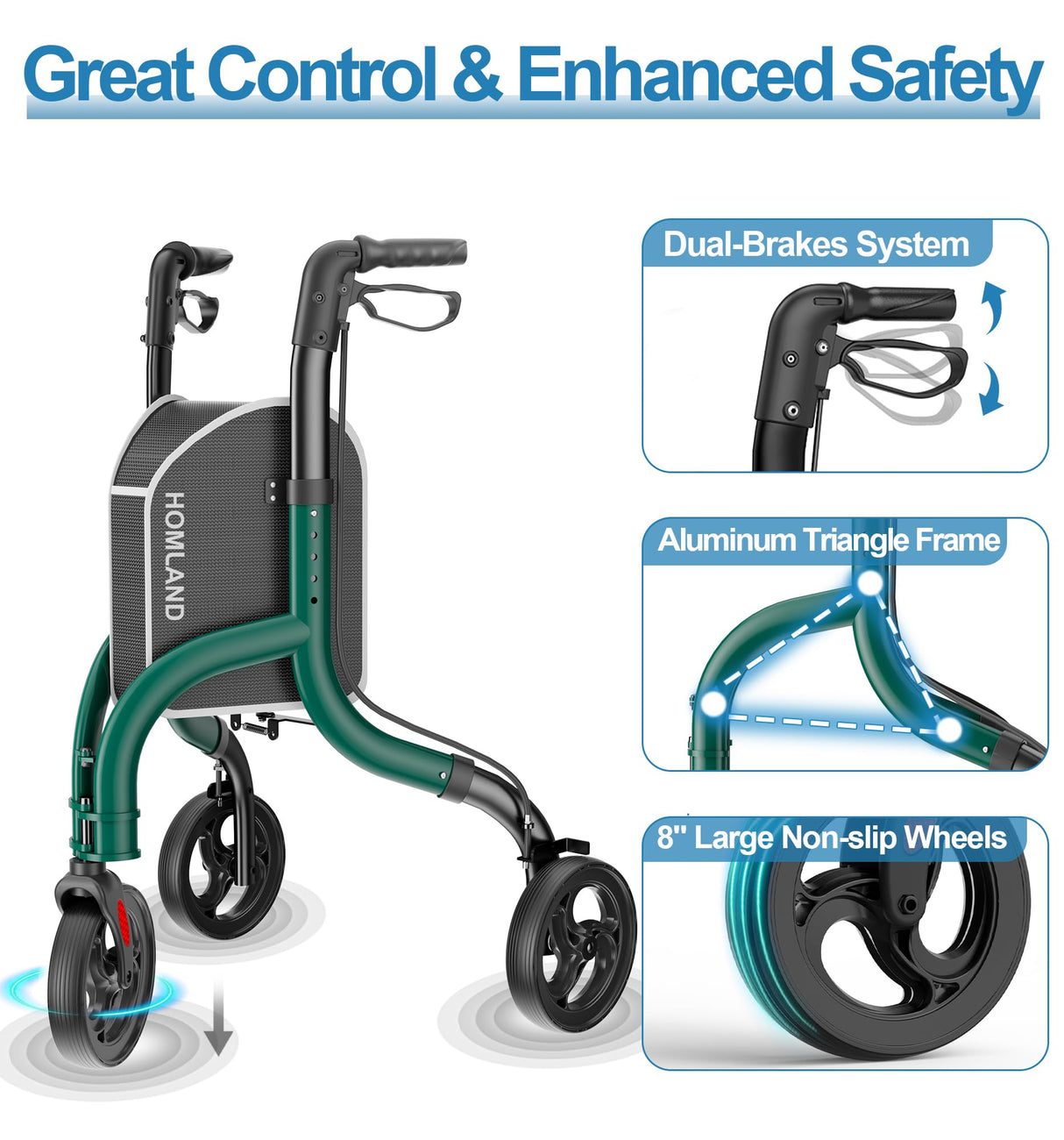 HOMLAND 3 Wheel Walkers for Seniors, FSA/HSA Eligible Foldable Wheeled Rollator with Cane Hold and Cup Hold, Lightweight Three Wheel Rolling Walker Height Adjustable for Seniors
