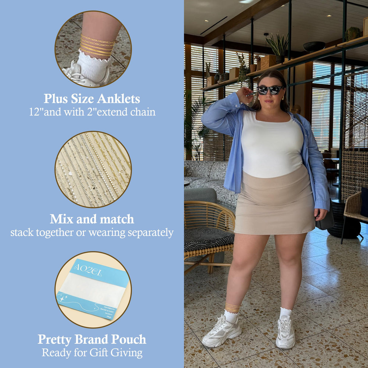 AOZEL Extra Large Plus Size Gold Ankle Bracelets for Women Gold Plated Anklets for Big Large Ankles Non Tarnish 12 inch Cuban Link Anklet Bracelet