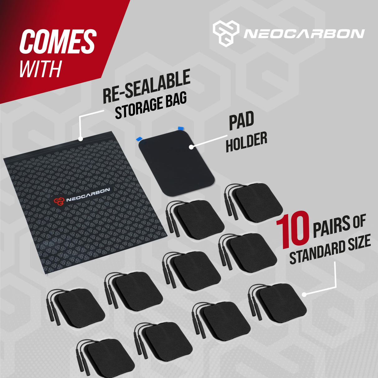 Reusable Electrode Pads for TENS Pro EMS Unit, Premium Replacement Square Pads with Plastic Holder, Set of 10 Pairs, Black