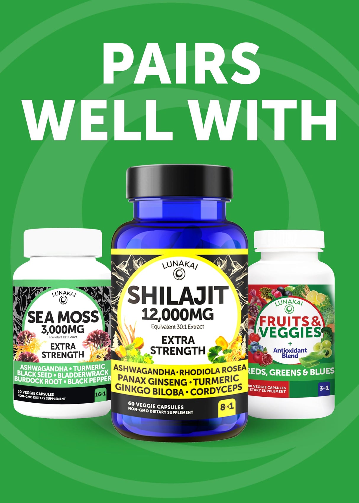 Lunakai USA Made Superfood Fruits & Veggies Supplement - All-in-One with 4 Blends & Scented Capsules, 180ct Super Veggie Capsules for Adults