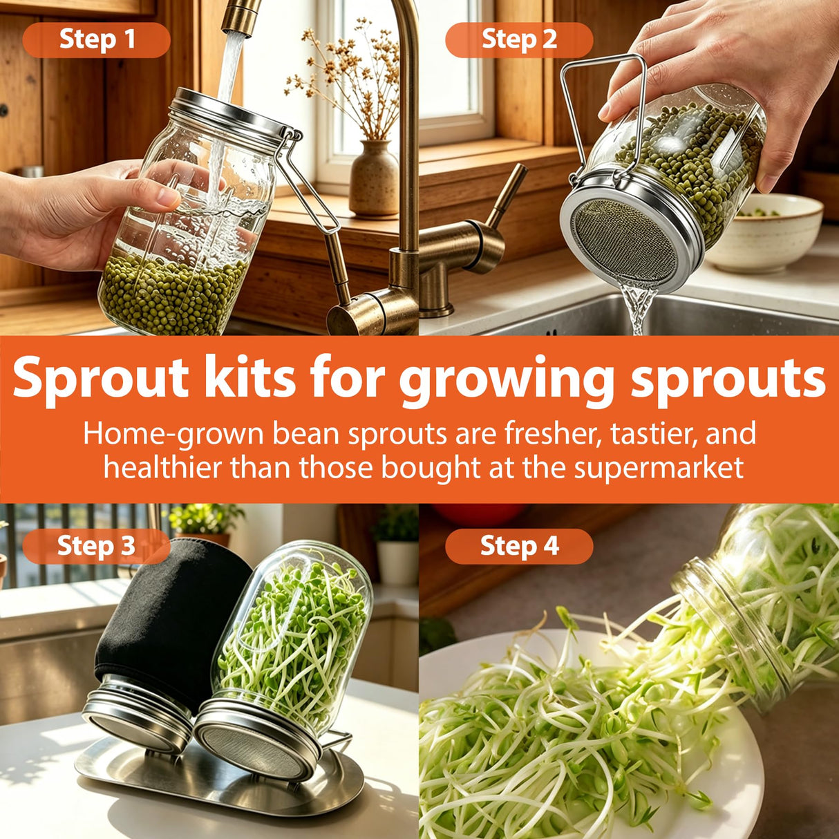 Sprouting Jars Kit, 2 Wide Mouth Mason Jars with 316 Stainless Steel Lids