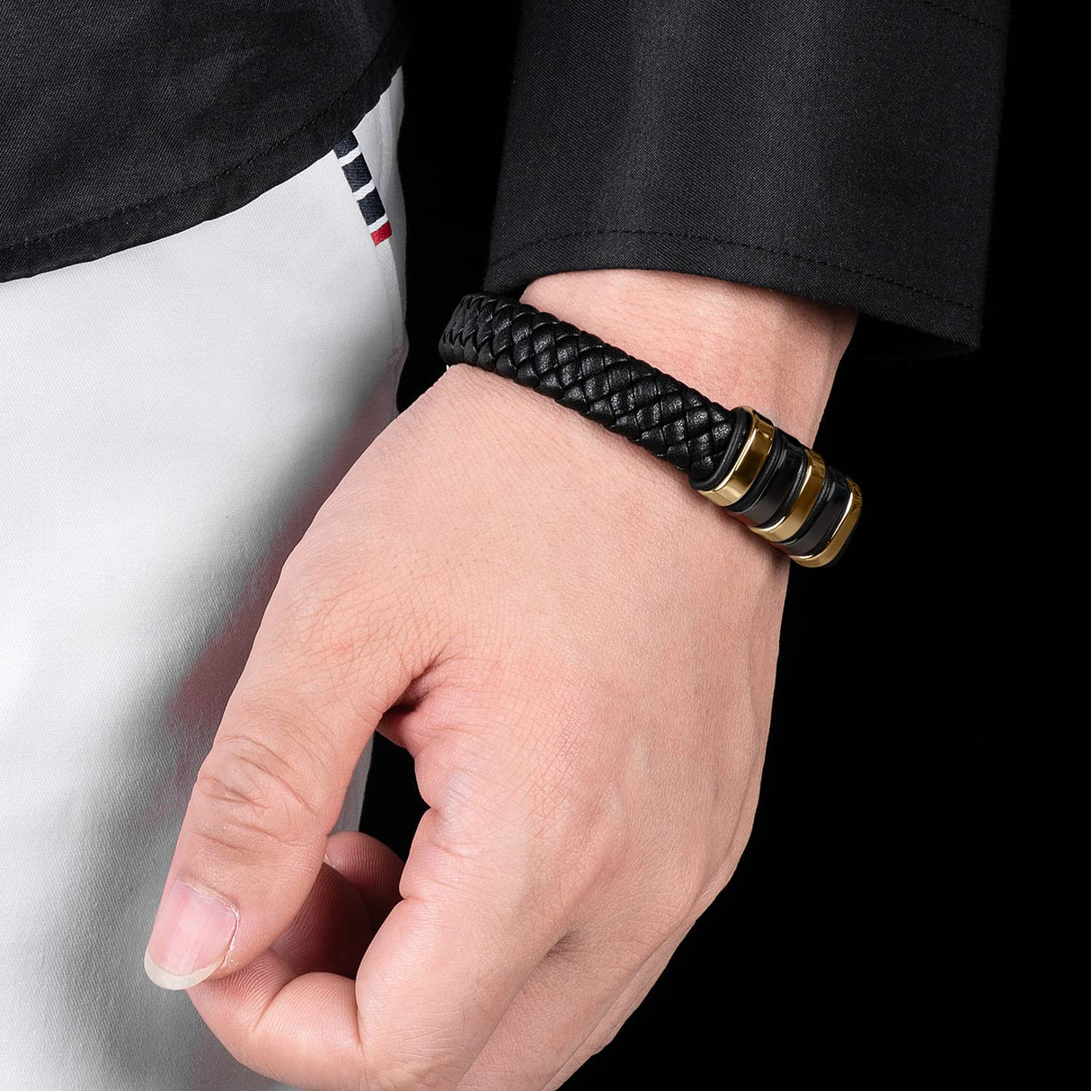 LJWVX Mens Black Leather Bracelets, Braided Leather Wristband CuffBracelet for Men, Gift for Dad