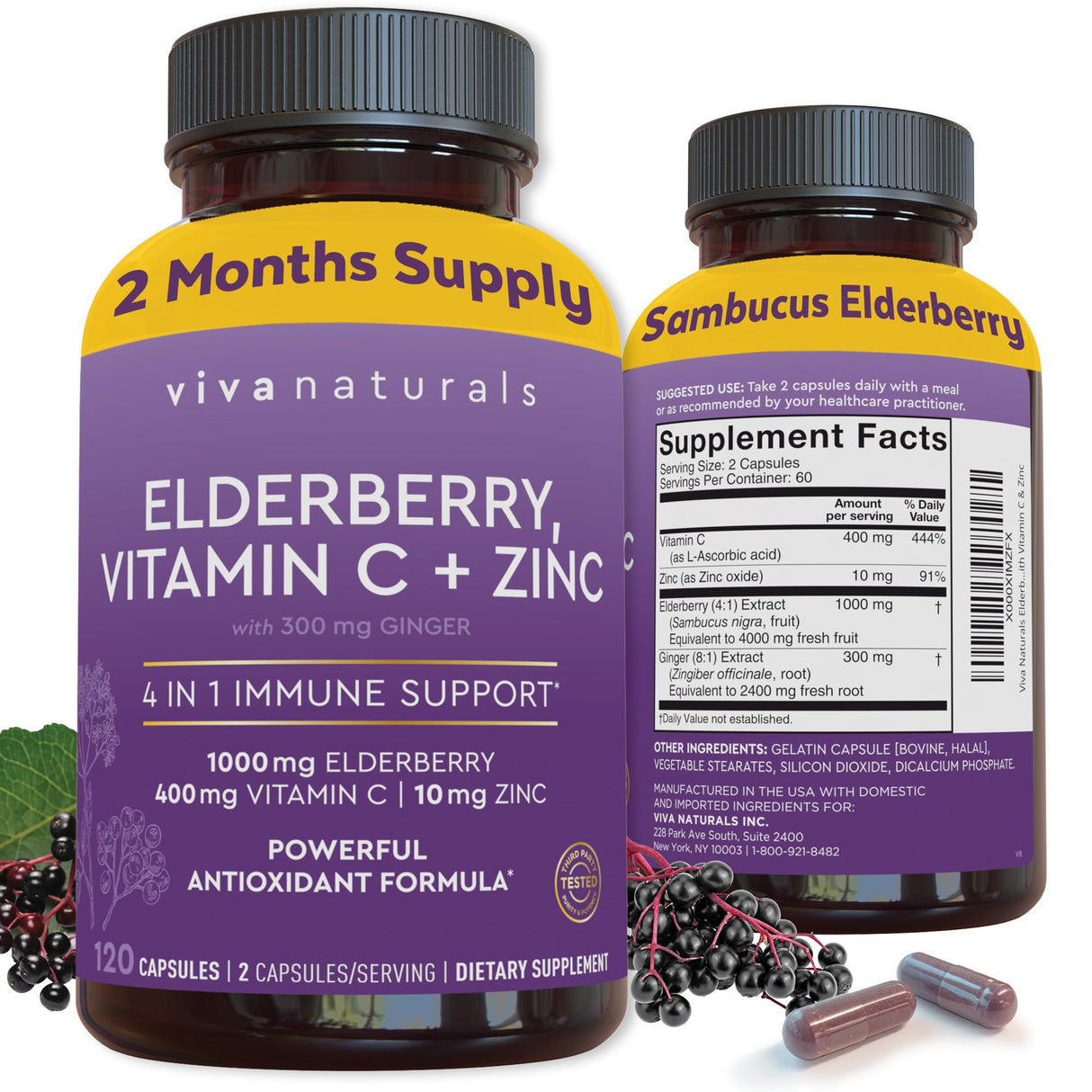 Viva Naturals Elderberry with Vitamin C and Zinc (120 Capsules) - 1000mg Sambucus Elderberry Immune Support Supplement, Black Elderberry Capsules for Adults, Elderberry Vitamins - 2 Months Supply