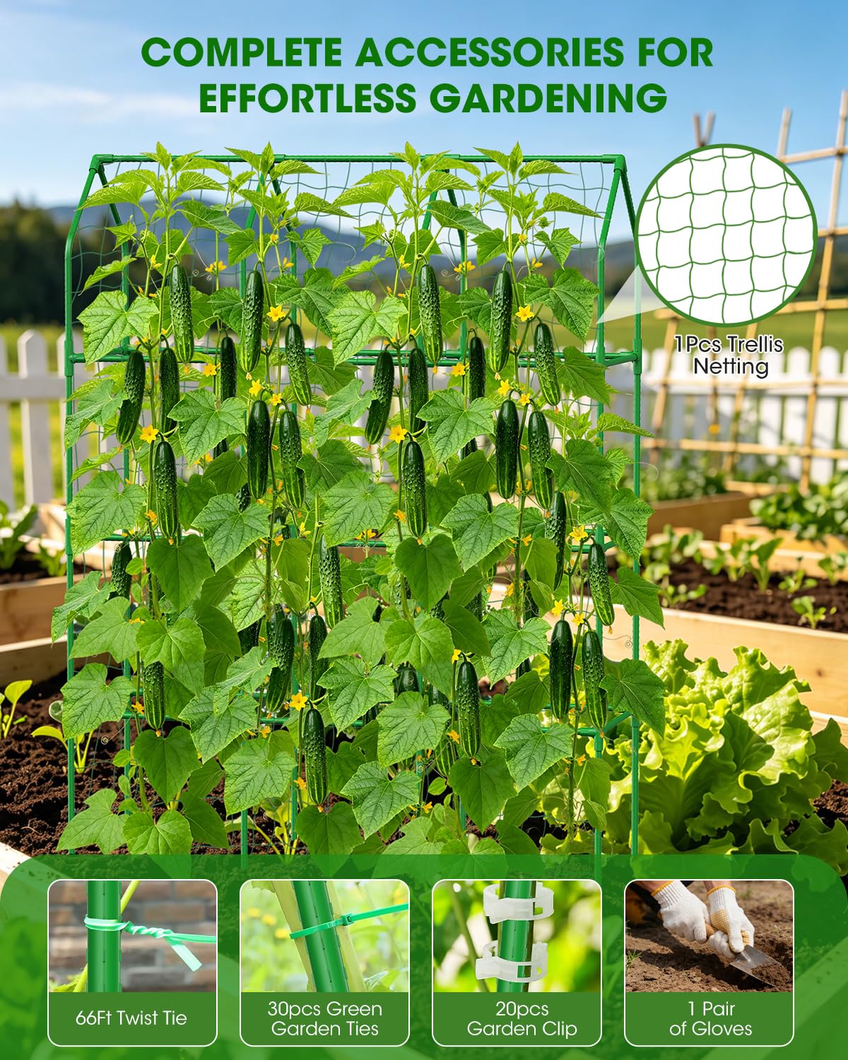 65" Cucumber Trellis for Climbing Plants Outdoor, Metal Garden Trellis for Raised Bed, Plant Support Structures with Netting for Cucumbers Tomatoes Beans Peas (50 * 17 * 65inch(L*W*H), Trellis)