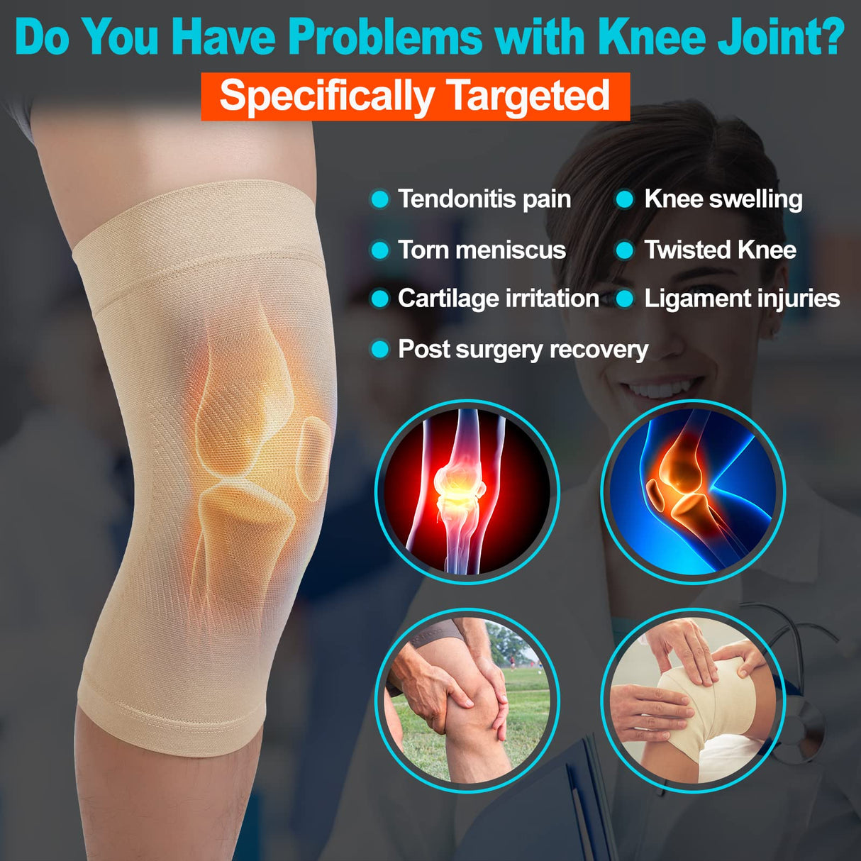 Knee Compression Sleeves, 1 Pair, Can Be Worn Under Pants, 20-30mmHg Strong Support Knee Brace for Unisex, Knee Support for Meniscus Tear, Arthritis, Pain Relief, Injury Recovery, Daily Wear, Beige M