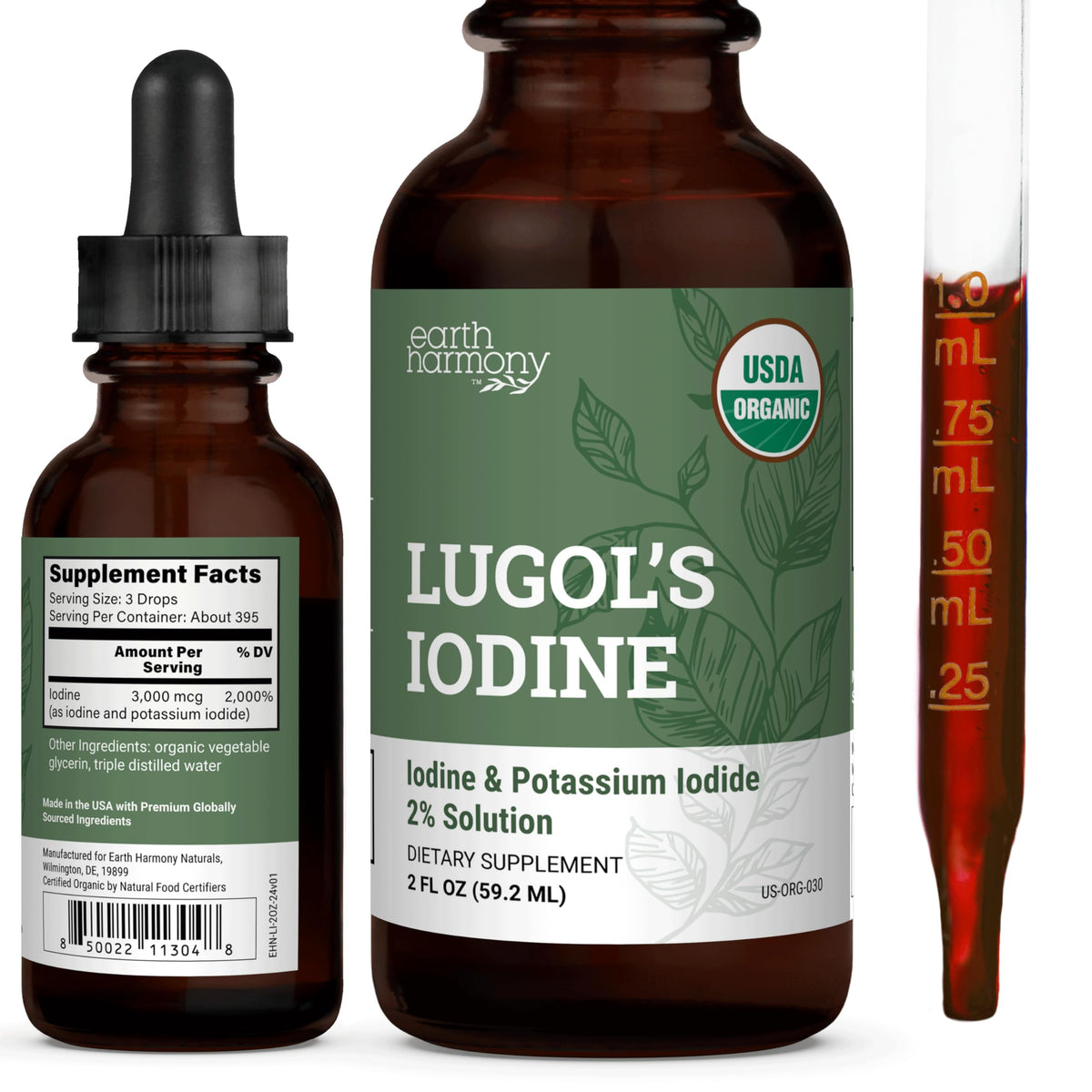 Organic Lugol's Iodine Liquid Drops Supplement - 2% Thyroid Non-GMO 2 Oz