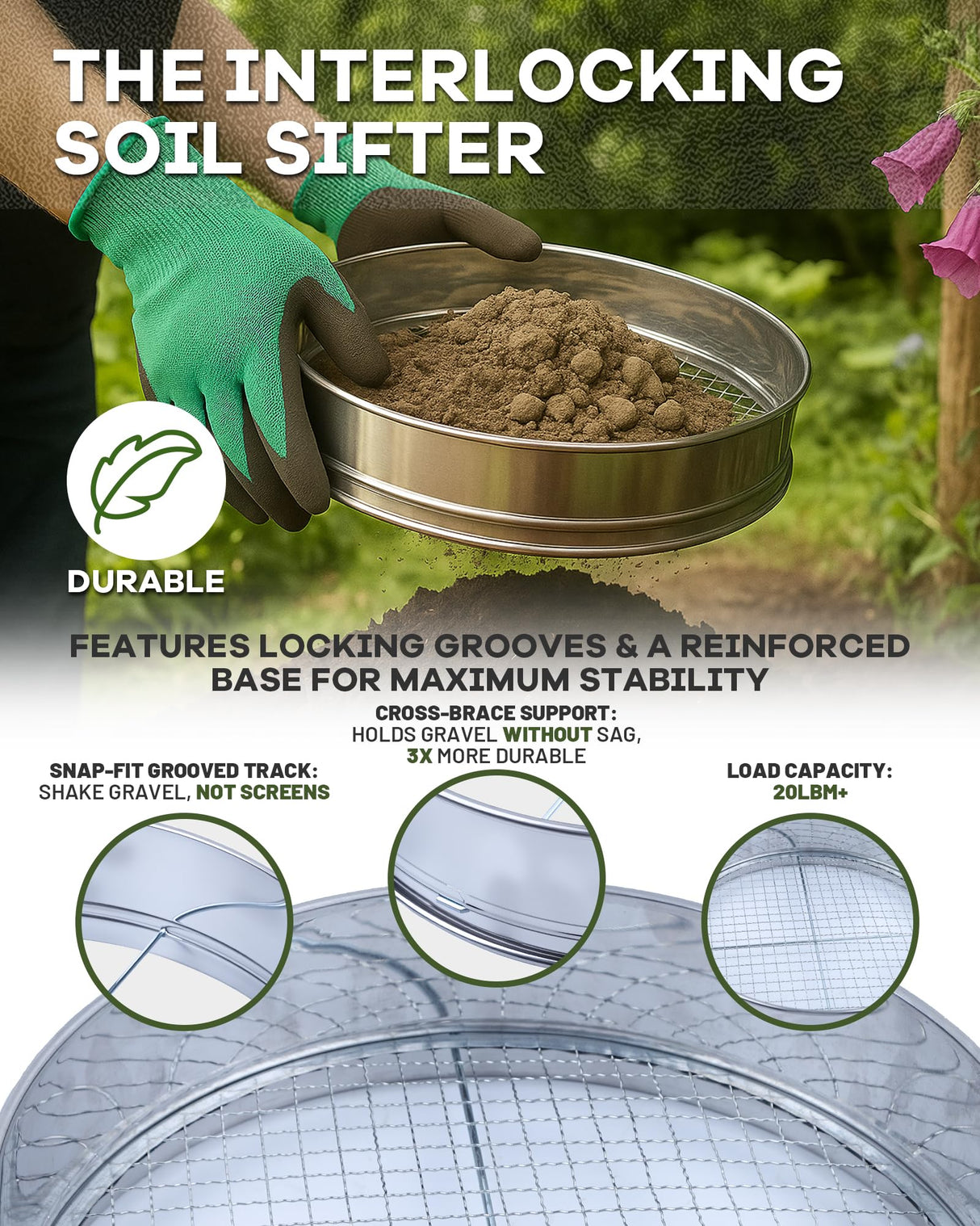 HIPULX 5-in-1 Soil Sifter Set with 5 Replaceable Stainless Steel Mesh Screen & Shovel (1/8" to 1/2"), Soil Sifter for Soils, Compost, Bonsai, Cat Litter and More(11-5/8" Diameter)