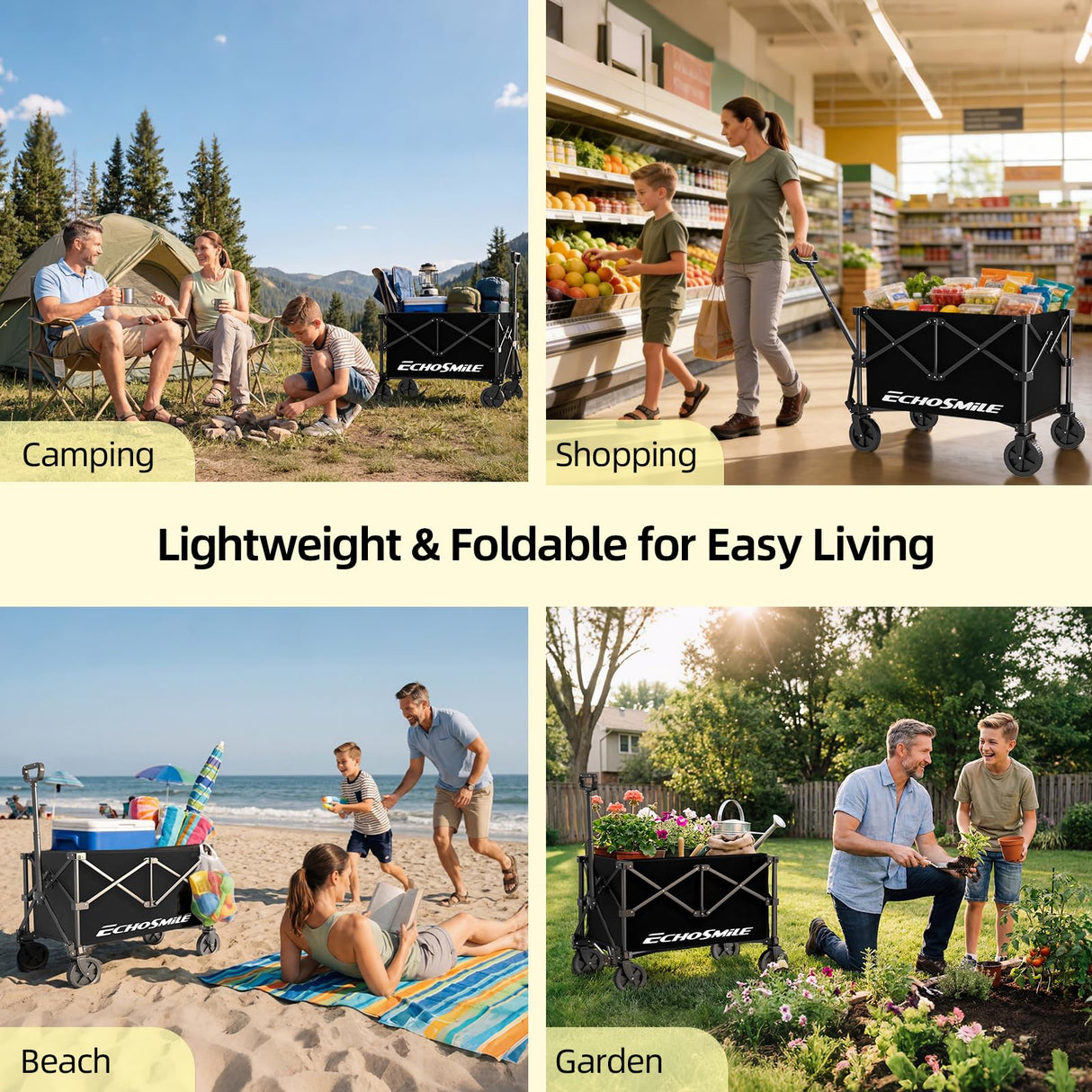 EchoSmile Easy Collapsible Wagon Cart, Folding for Grocery & Camping, Black