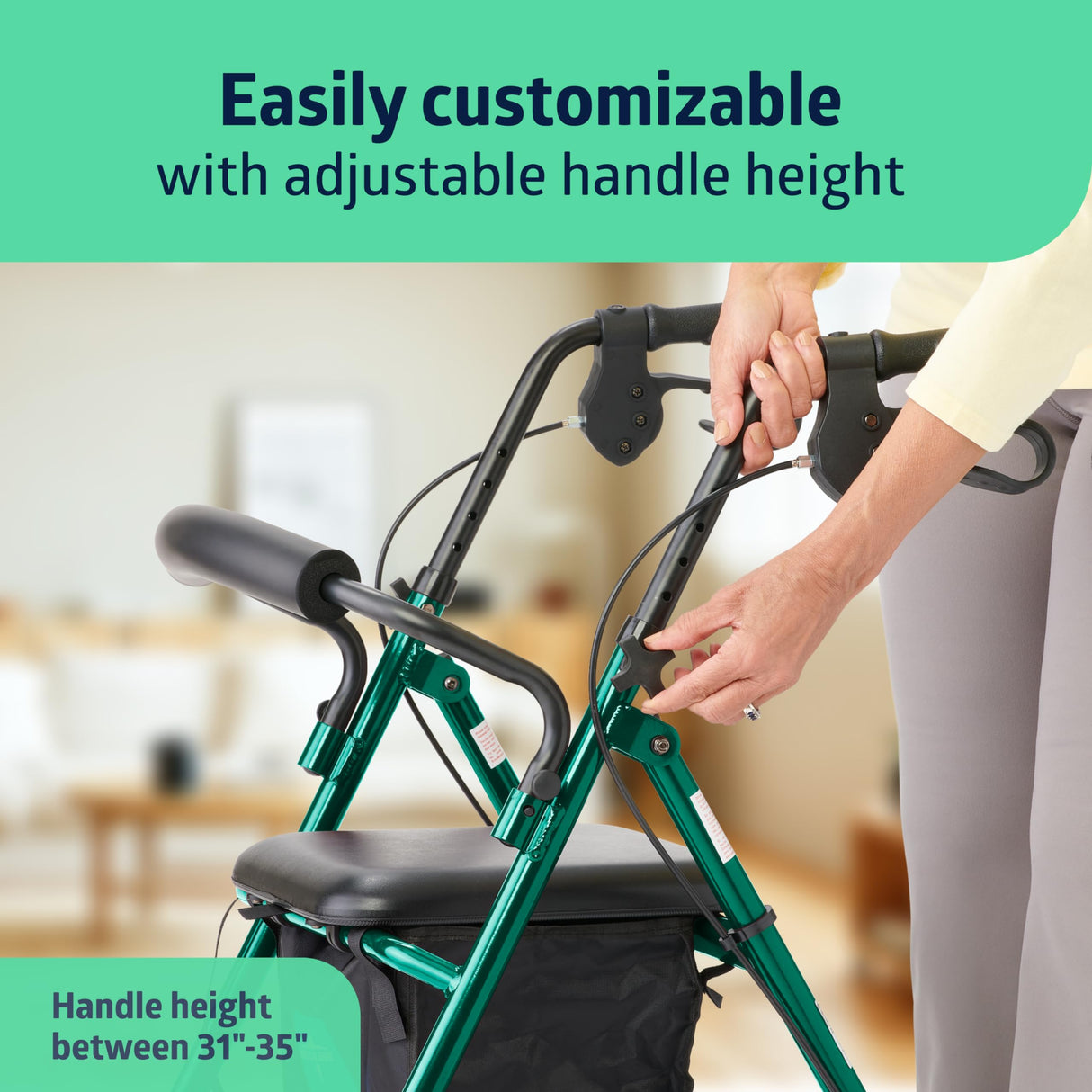 Medline Aluminum Rollator Walker with Seat, Green, 250 Lb. Weight Capacity, Lightweight, 6” Wheels, Foldable, Adjustable Handles, Rolling Walker for Seniors
