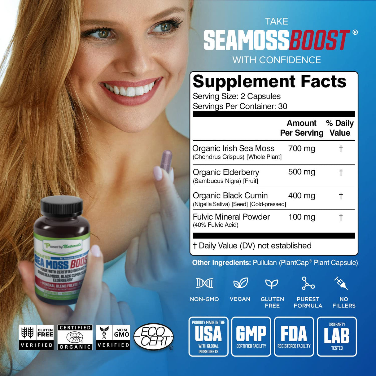 Power By Naturals Sea Moss Advanced with Black Seed Oil & Elderberry Capsules - Certified Organic Irish Sea Moss Capsules for Energy, Gut & Immune Support - Sea Moss Pills with (60+ Minerals) 60 Pills