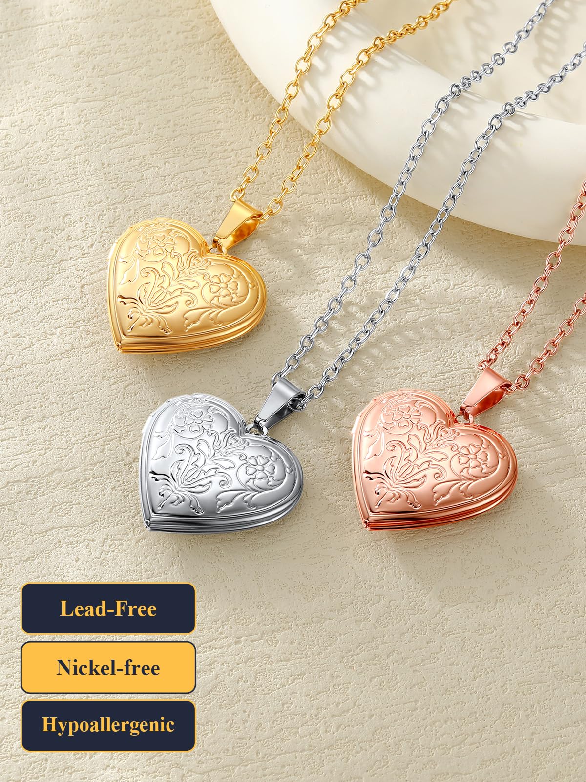 U7 Memorial Photo Locket Necklace, Women Silver Heart Pendant with Engrave