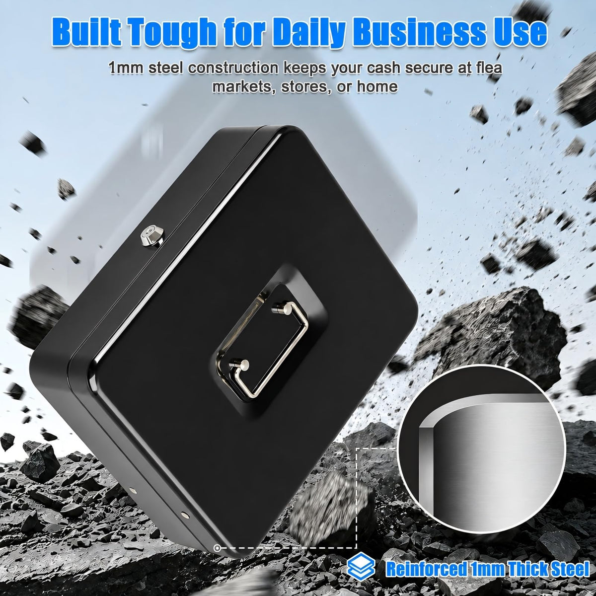 KYODOLED Cash Box with Money Tray and Key Lock, 1mm Thick Metal Cash Drawer