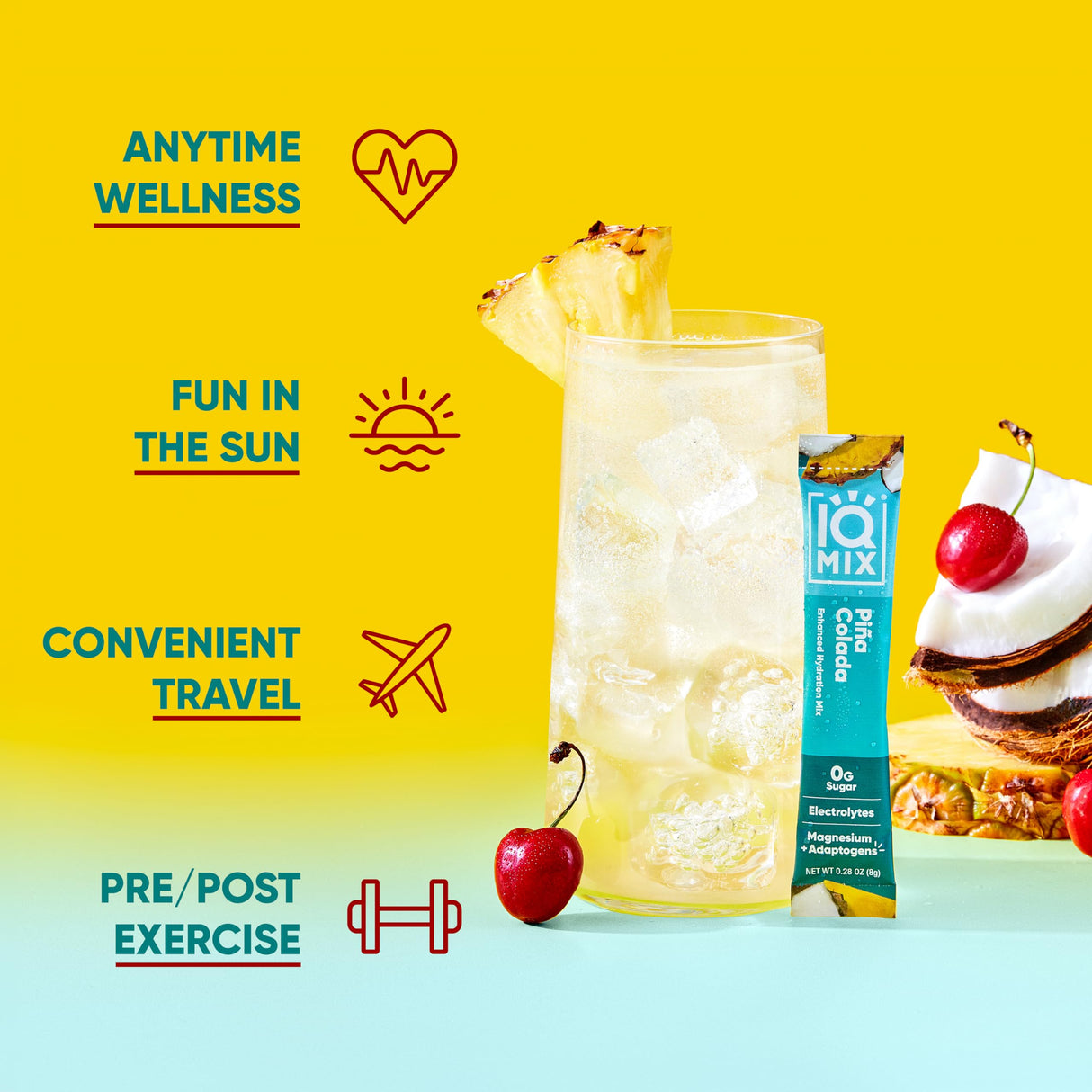 IQMIX Hydration Electrolyte Powder – 4-in-1 Formula for Hydration, Mental Clarity, Mood and Recovery – Sugar-Free Drink Mix, Keto, Magnesium L-Threonate, Lion’s Mane – 40 Count Piña Colada