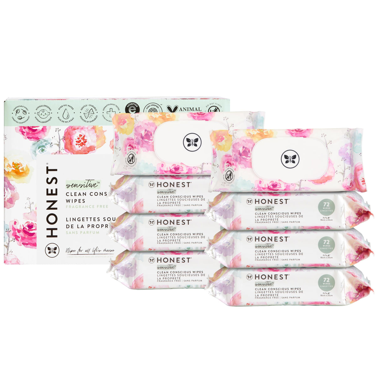 The Honest Company Clean Conscious Multi-Use Wipes | Hypoallergenic + Unscented for Sensitive Skin | Over 99% Water, Compostable, Plant Based, Baby Wipes | Rose Blossom, 288 Count