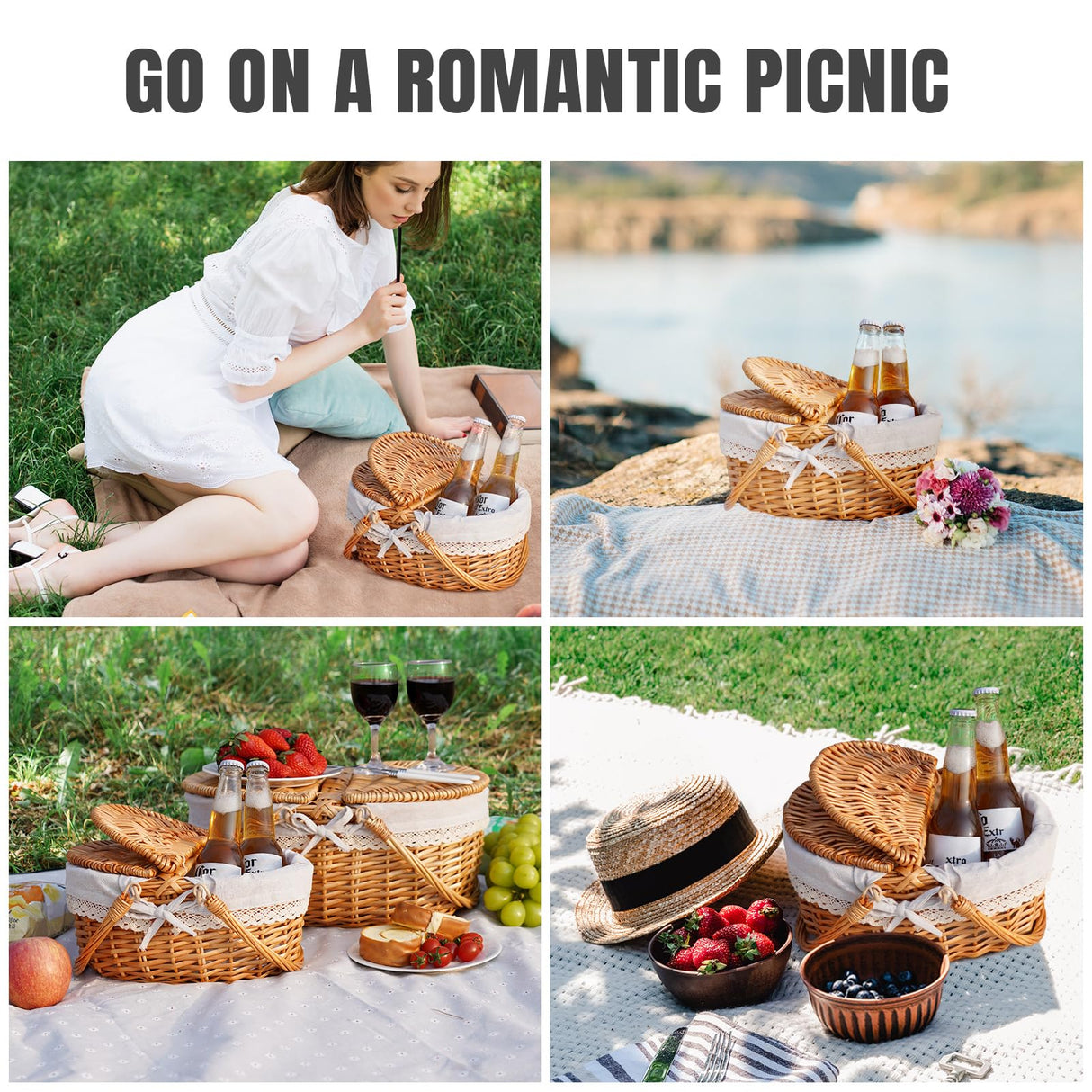 Happypicnic 12" Picnic Basket - Small Wicker Basket with Foldable Handle Lid & Removable Liner | Cute Picnic Basket Toy Empty for Kids, Gift, Halloween, Christmas, Valentines, Easter, Birthday, Solid