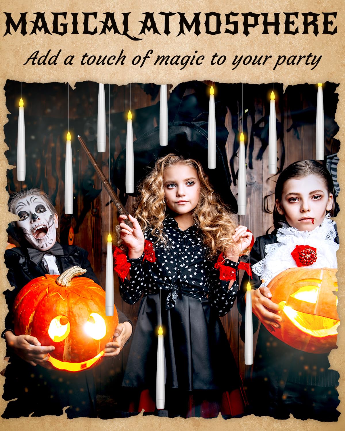 Halloween Decor Floating Candles With Wand, 20pcs Magic Hanging Candles With Remote, 6.3IN Flameless Taper Led Candle Battery Operated Floating Window Candle, Decor for Christmas, Wedding, Halloween