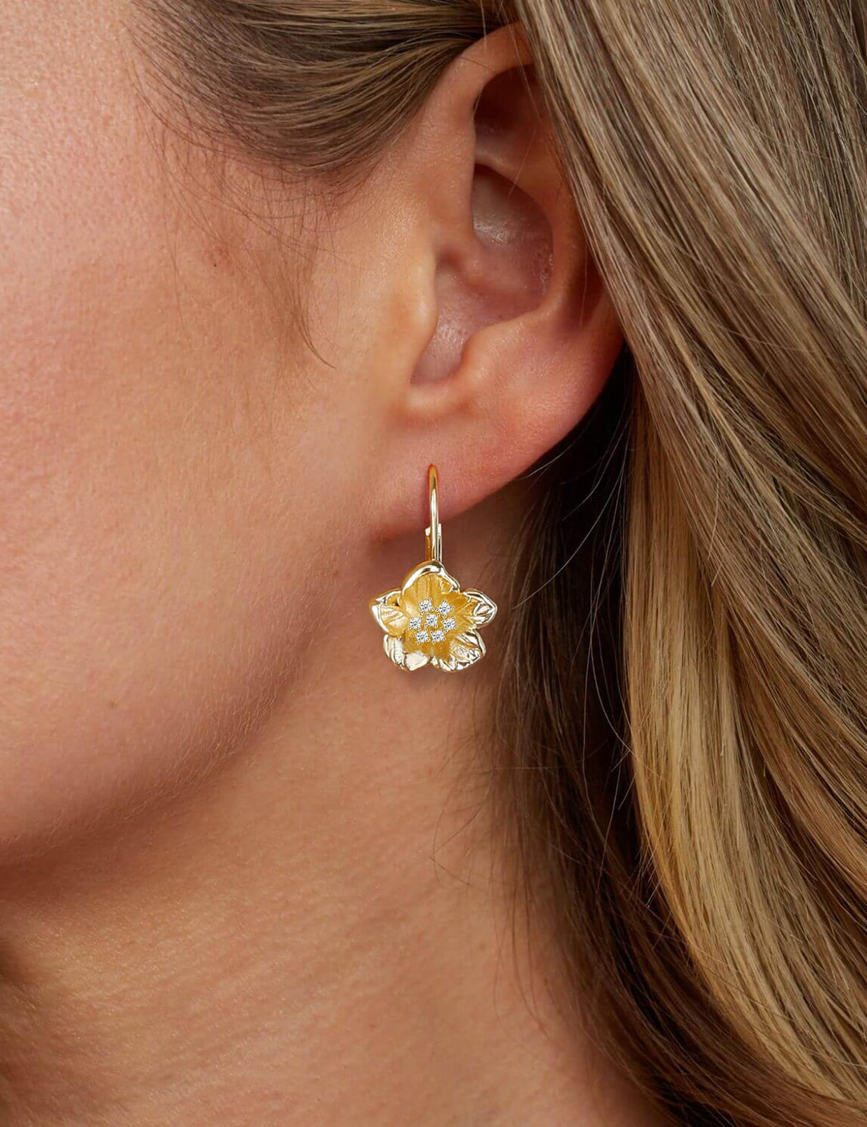 Mameloly Flower Earrings for Women Leverback CZ Dainty 14K Gold Plated