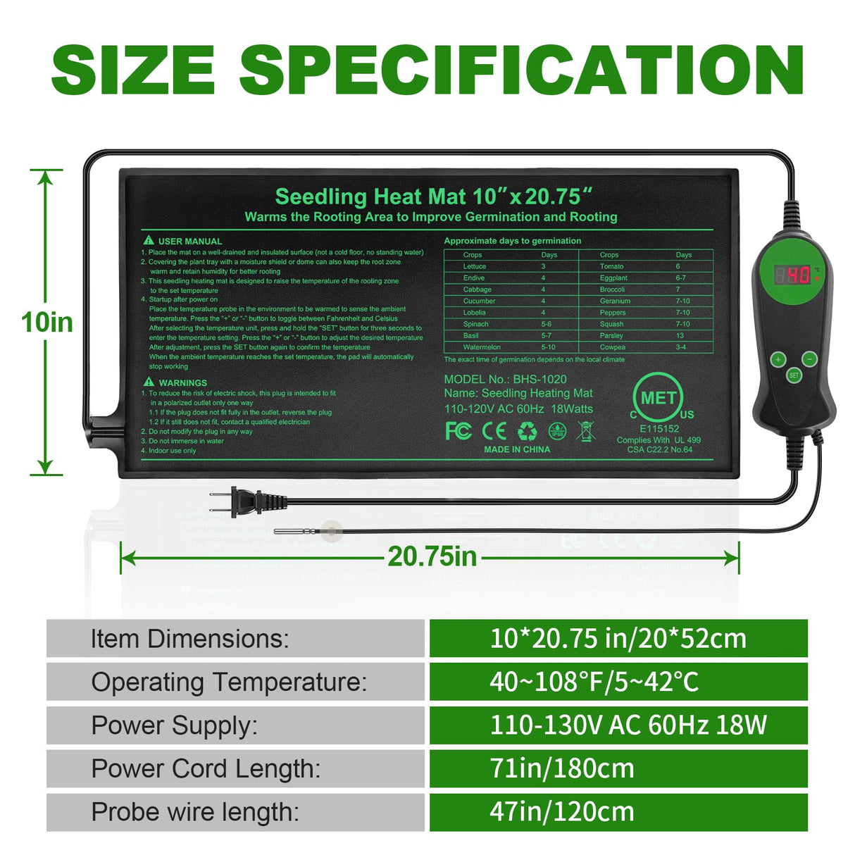 Seedling Heat Mat with Built-in Temperature Controller, 10" x 20.75" Waterproof Plant Heating Pad with Thermostat for Indoor Seed Starting Germination Hydroponics