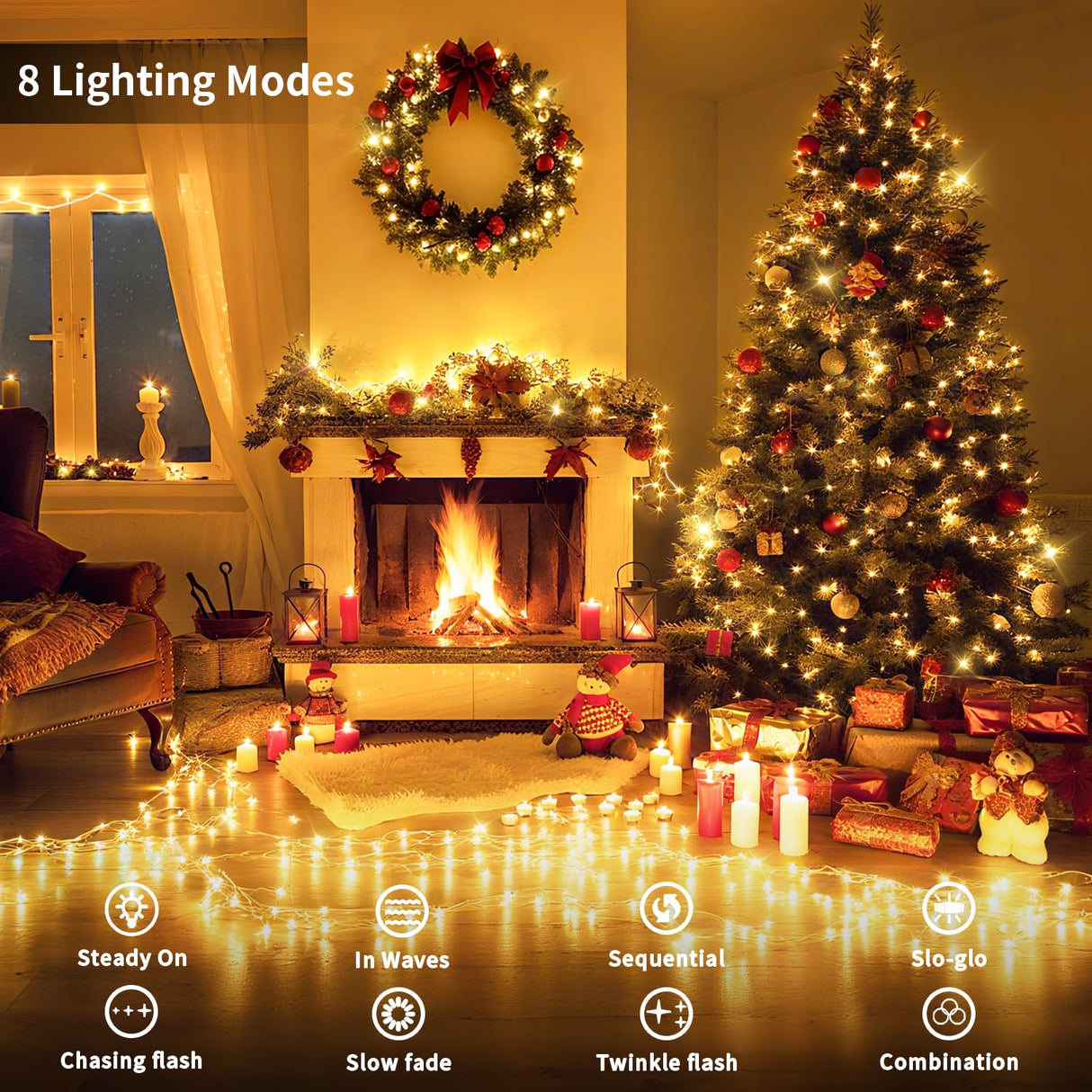 200 FT 500 LED Christmas Lights Outdoor Fairy Lights Plug In Extra Long String Lights Clear Wire Waterproof 8 Modes Timer for Outside House Tree Garden Yard Wedding Party Decorations-Warm White