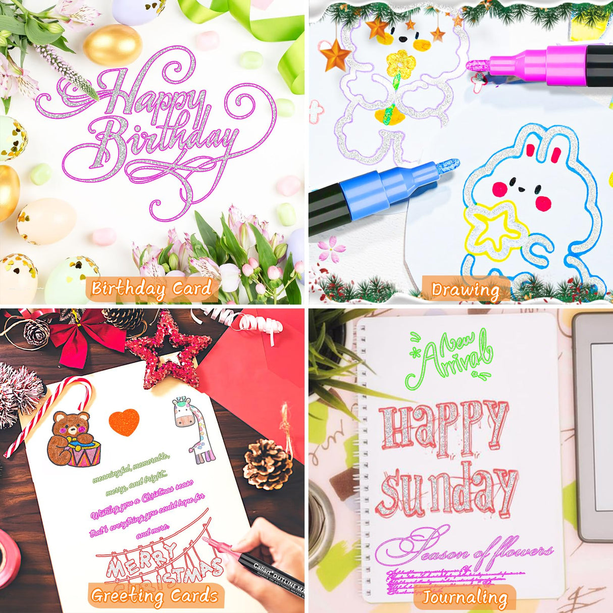 Caliart 24 Colors Outline Glitter Markers, Shimmer Metallic Pens Stocking Stuffers Christmas Gifts Trendy Stuff, Cool Fun Craft Drawing Arts Supplies Set