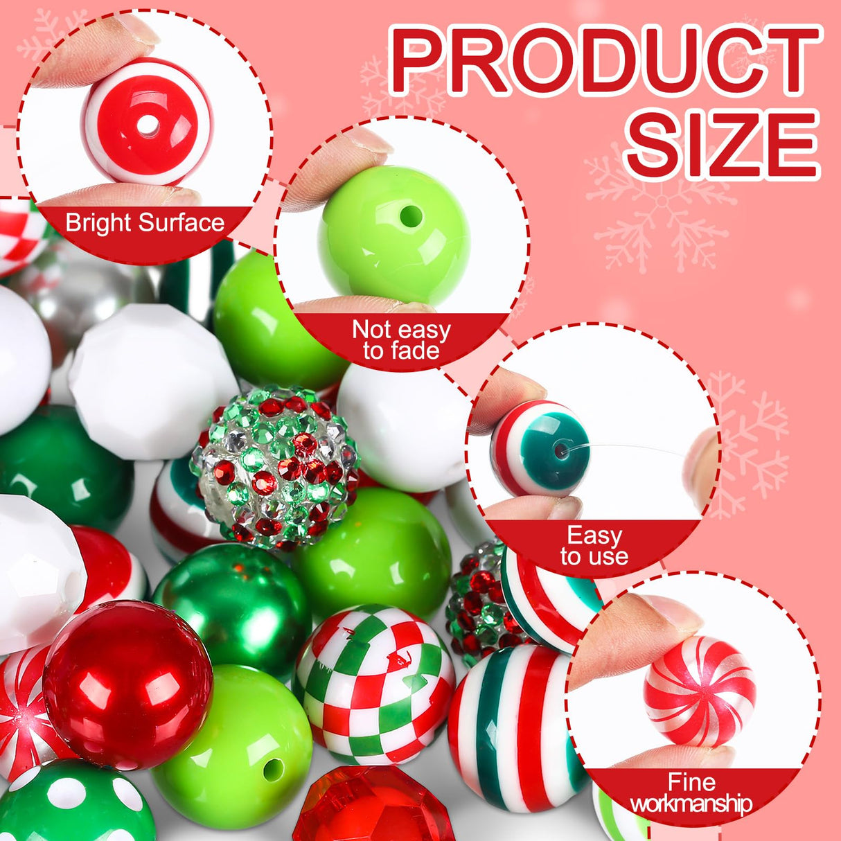 Poen 100 Pcs 20 mm Christmas Rhinestone Bubblegum Beads for Pens Bulk Crystal Resin Acrylic Plastic Spacer Chunky Beads for Christmas DIY Craft Keychain Necklace Bracelet Jewelry Making Holiday Decor