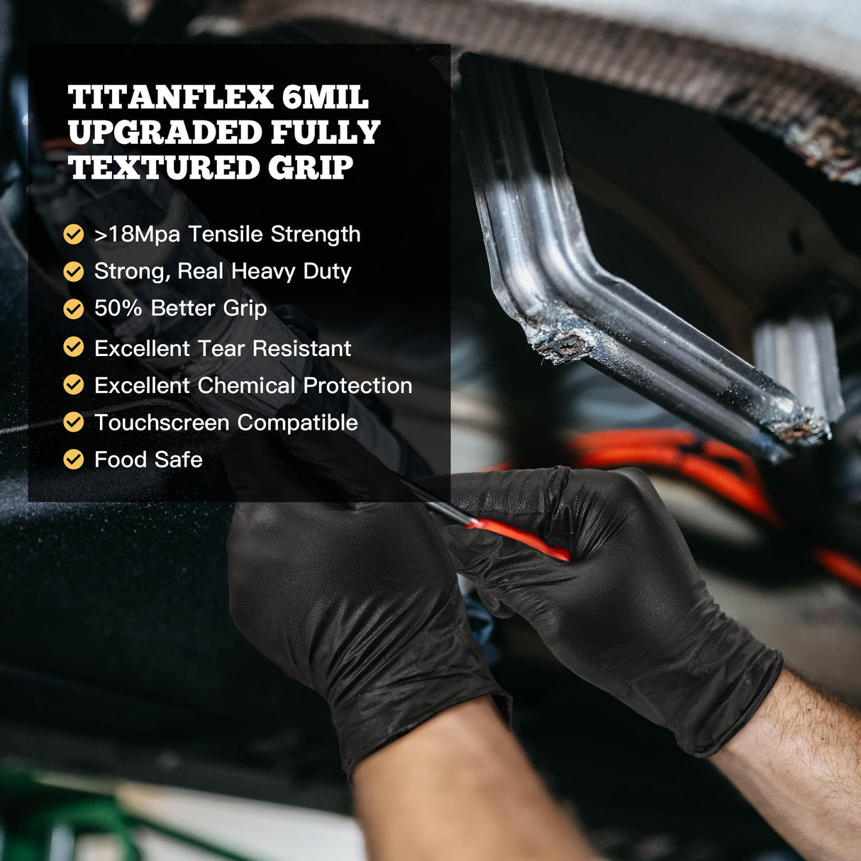 TitanFlex Heavy Duty Black Nitrile Gloves, 6-mil, Fully Textured, Medium 100-ct Box, Mechanic Disposable Gloves, Work Gloves, Latex Free, Powder Free, Rubber Gloves for Food Prep