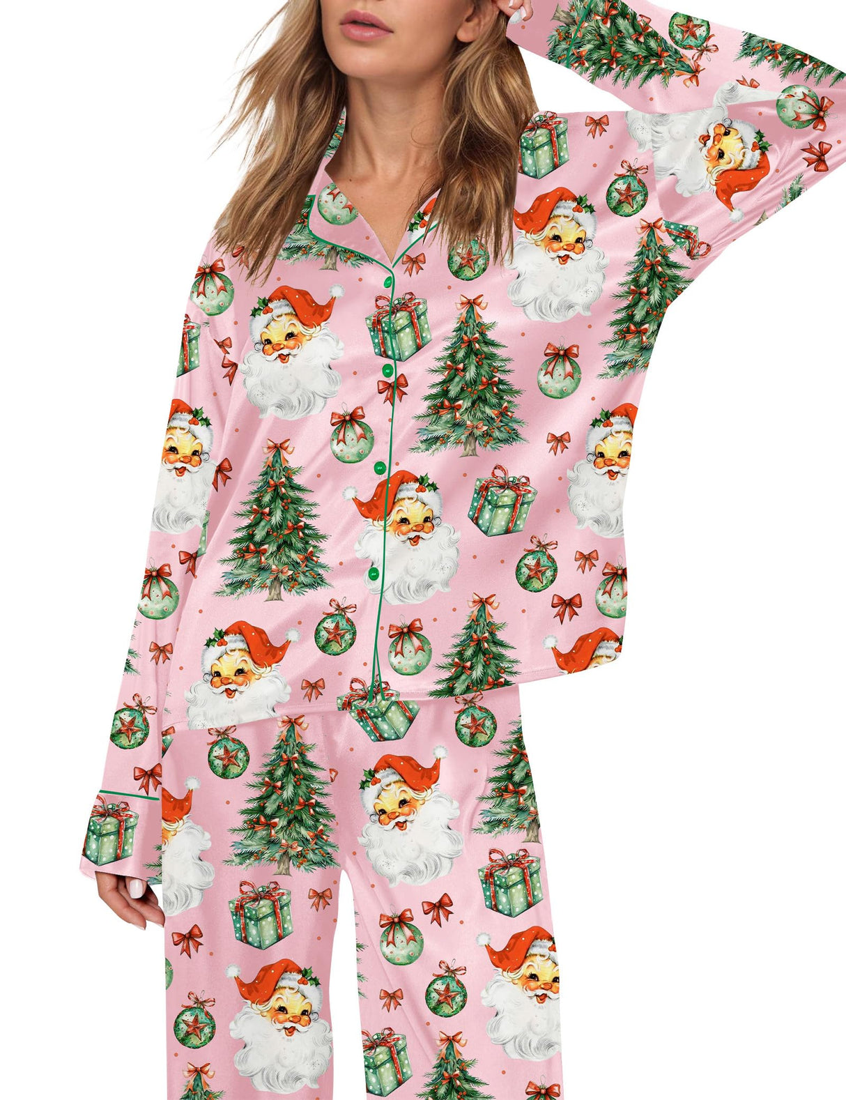 SHESHOW Satin Christmas Pjs Women Button Down 2 Piece Funny Graphic Santa Pink Christmas Pajamas for Women M