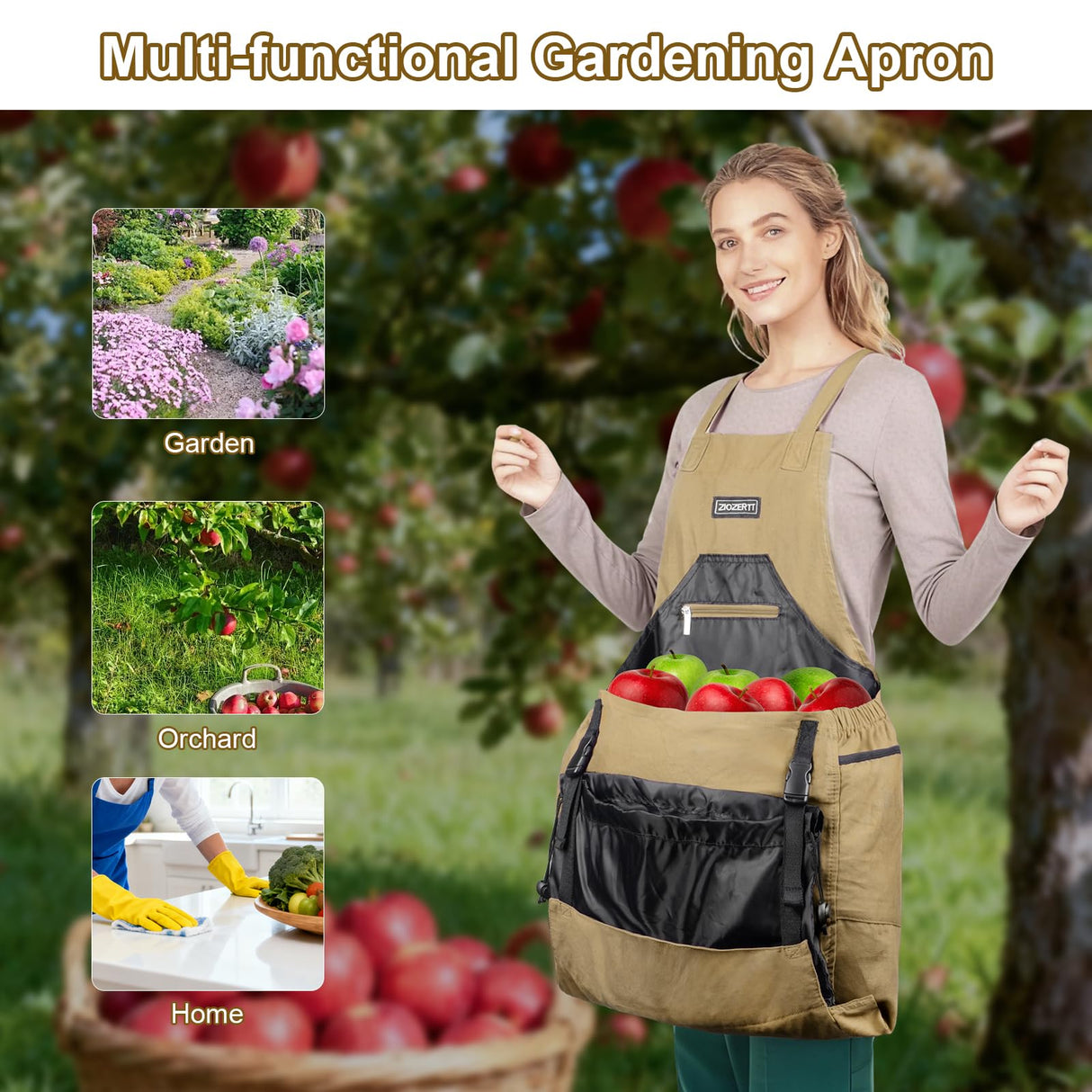 ZIOZERTT Garden Apron,Harvest Apron with Drawstring Bag and Pockets for Women and Men,Canvas Gardening Tool Belt, Gardening Gifts for Mom,Dad,Brown