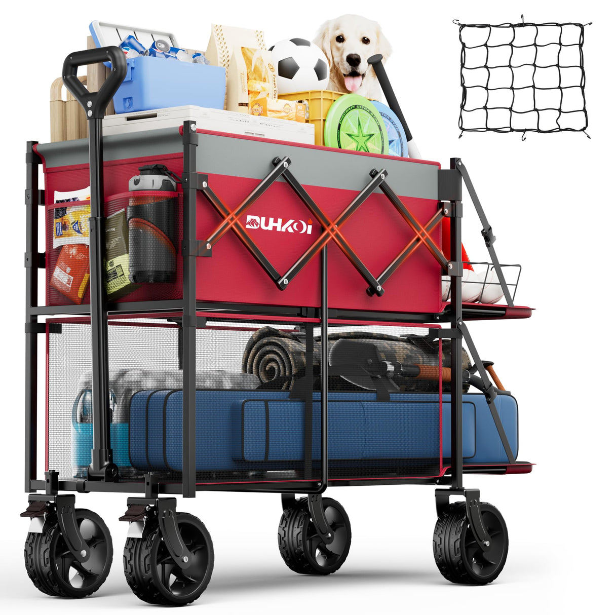 DUHKOI Double Decker Collapsible Wagon with Brakes,Compact with Tailgate