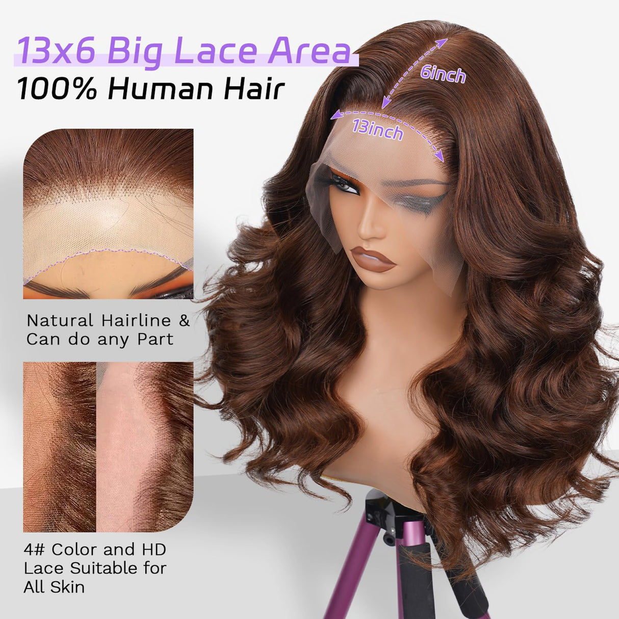 CUMASE 13x6 Chocolate Brown Lace Front Wig 250 Density HD Lace Front Wigs Human Hair Body Wave Lace Frontal Wig Pre Plucked Natural Hairline 4# Brown Wig Human Hair for Women 26 Inch