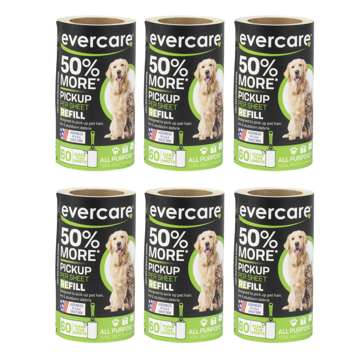 Evercare Pet Lint Roller Refill, Manual Operation, 60 Sheets per Roll, 6 Count Refill Pack for Pet Hair Removal, Green