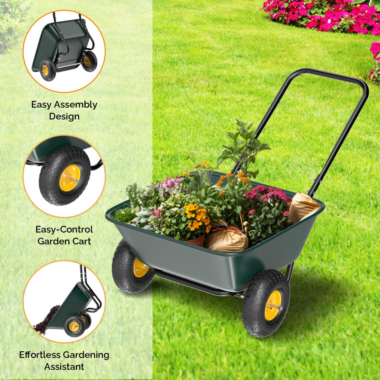 VINGLI 2 Wheel Wheelbarrow, Plastic and Steel Wheel Barrel, 330lbs Capacity Garden Cart for Lawn, Gardening, Construction