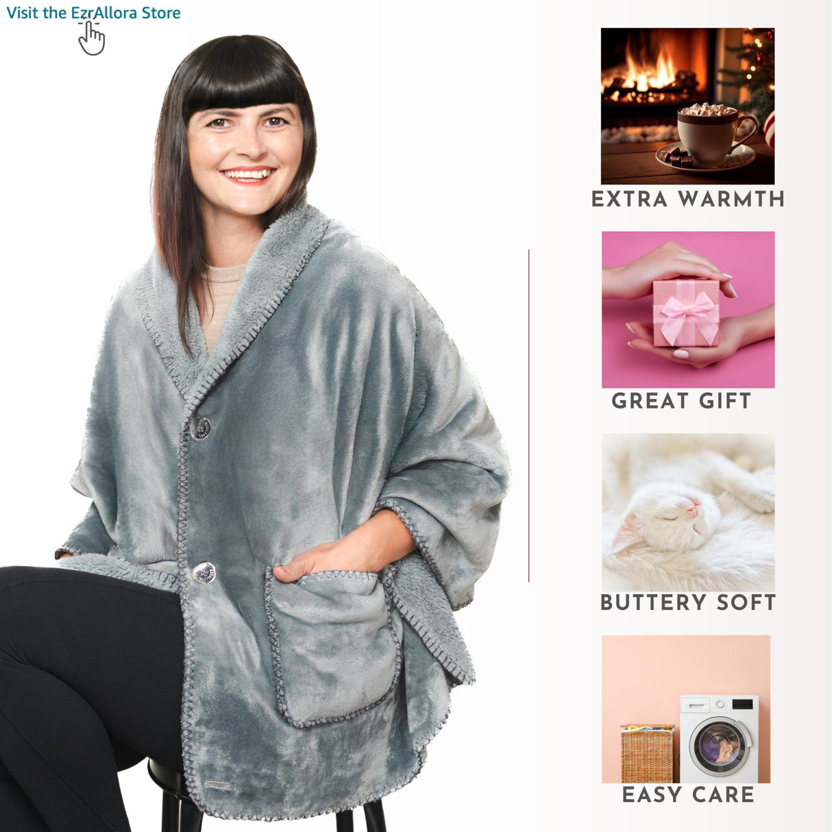 Premium Double Layer Poncho Blanket -No Sleeves Easy On Easy Off- Drape and Go- Top Christmas Gifts for Grandma, Gift for Mom and Elderly Women (Silver Grey)