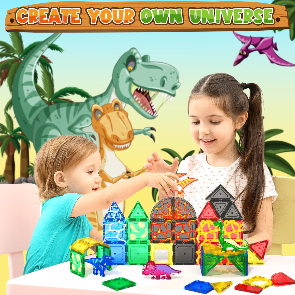 Magnetic Tiles Lava Dinosaur Toys Magnetic Blocks Building Set for Kids 3+