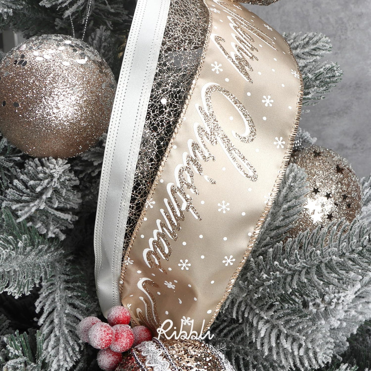 Ribbli Christmas Ribbon Wired Champagne Gold Christmas Tree Ribbon Snowflake Glitter Wired Ribbons for Crafts Gift Wrapping Wreaths Garland Home Decor -2.5 Inchx6 Rolls Total 36Yard