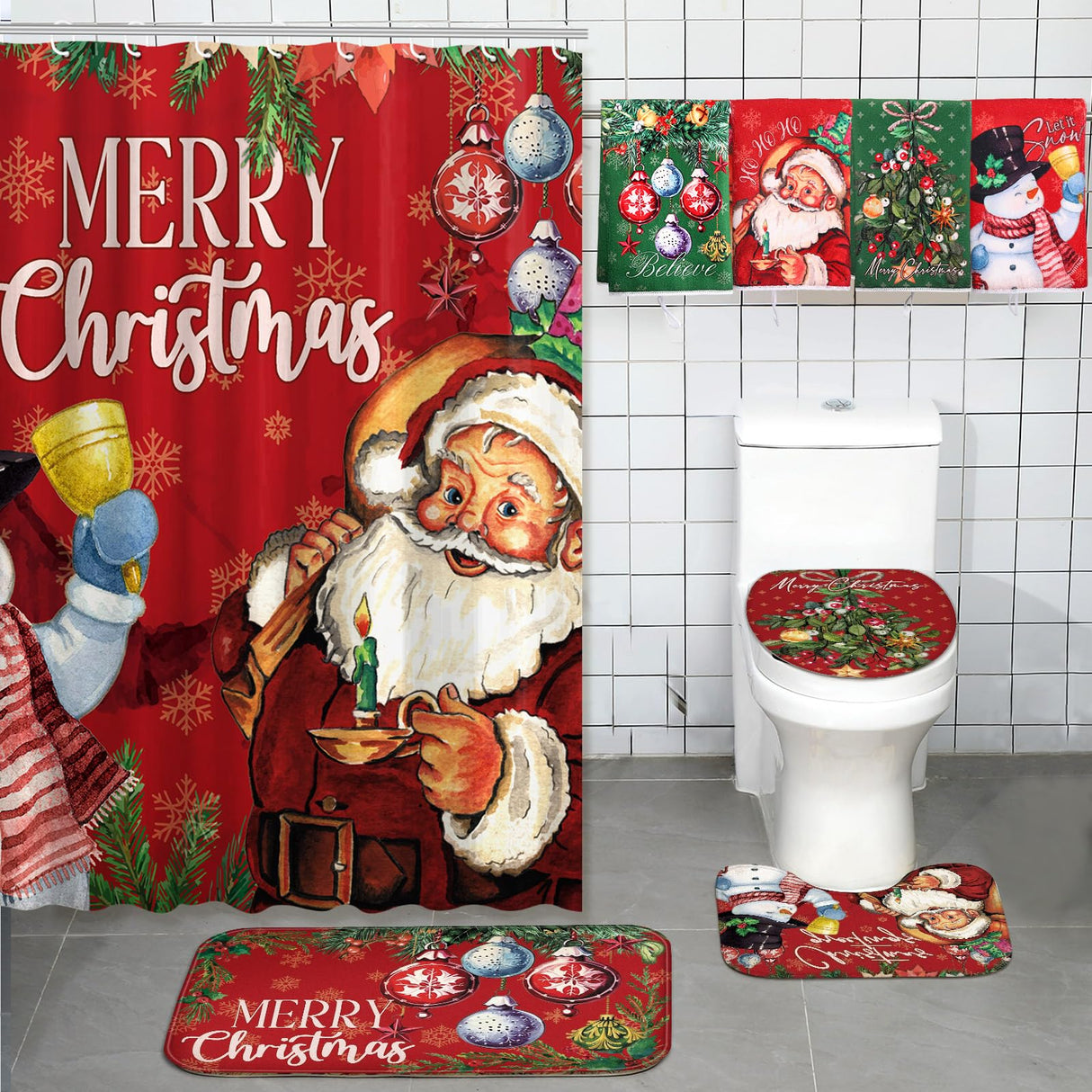 FuWeave 8 Pcs Christmas Shower Curtain Set Xmas Santa Bathroom Decoration Christmas Tree Hand Towels Snowman Toilet Lid Cover Bathroom Rugs Xmas Shower Curtain with Hooks(Snowman Style)