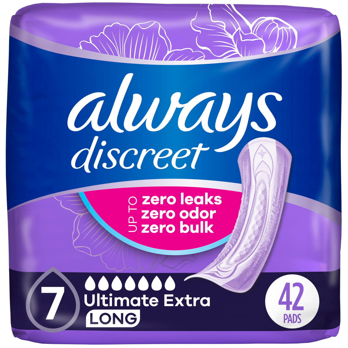 Always Discreet Adult Incontinence Pads for Women, Ultimate Extra Absorbency, Long Length, Postpartum Pads, 42 CT