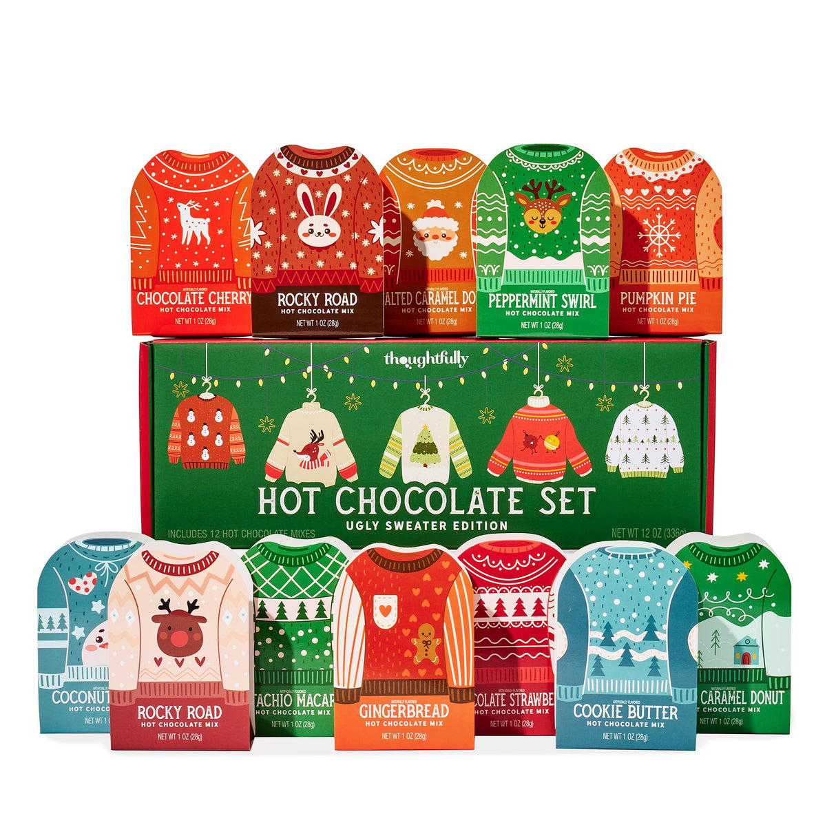 Thoughtfully, Holiday Hot Chocolate Mix Gift Set, Ugly Sweater Cocoa Sampler with 12 Flavored Packets Including Peppermint, Gingerbread, Rocky Road & More, Christmas Gift Box, Set of 12