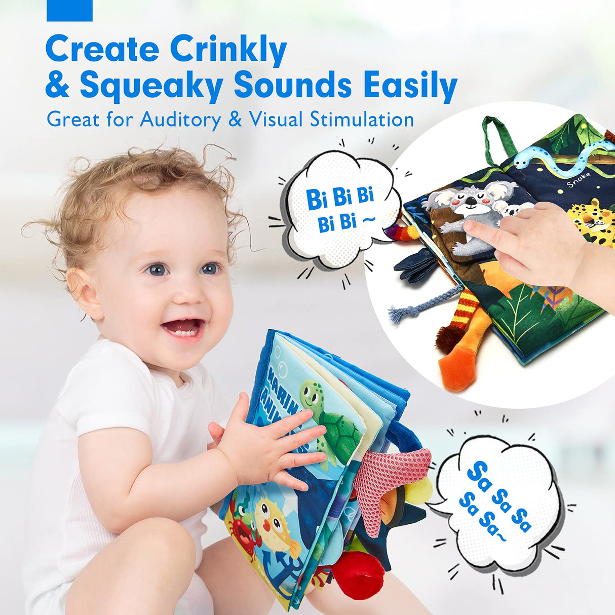 hahaland Baby Toys 0-6 Months - Crinkle Books for Babies 2PCS, Cloth Texture Tails Sensory Book 6-12 Months, Soft Tummy Time Toys 3 4 5 Month Newborn Infant Boys Gifts Christmas Baby Stocking Stuffers