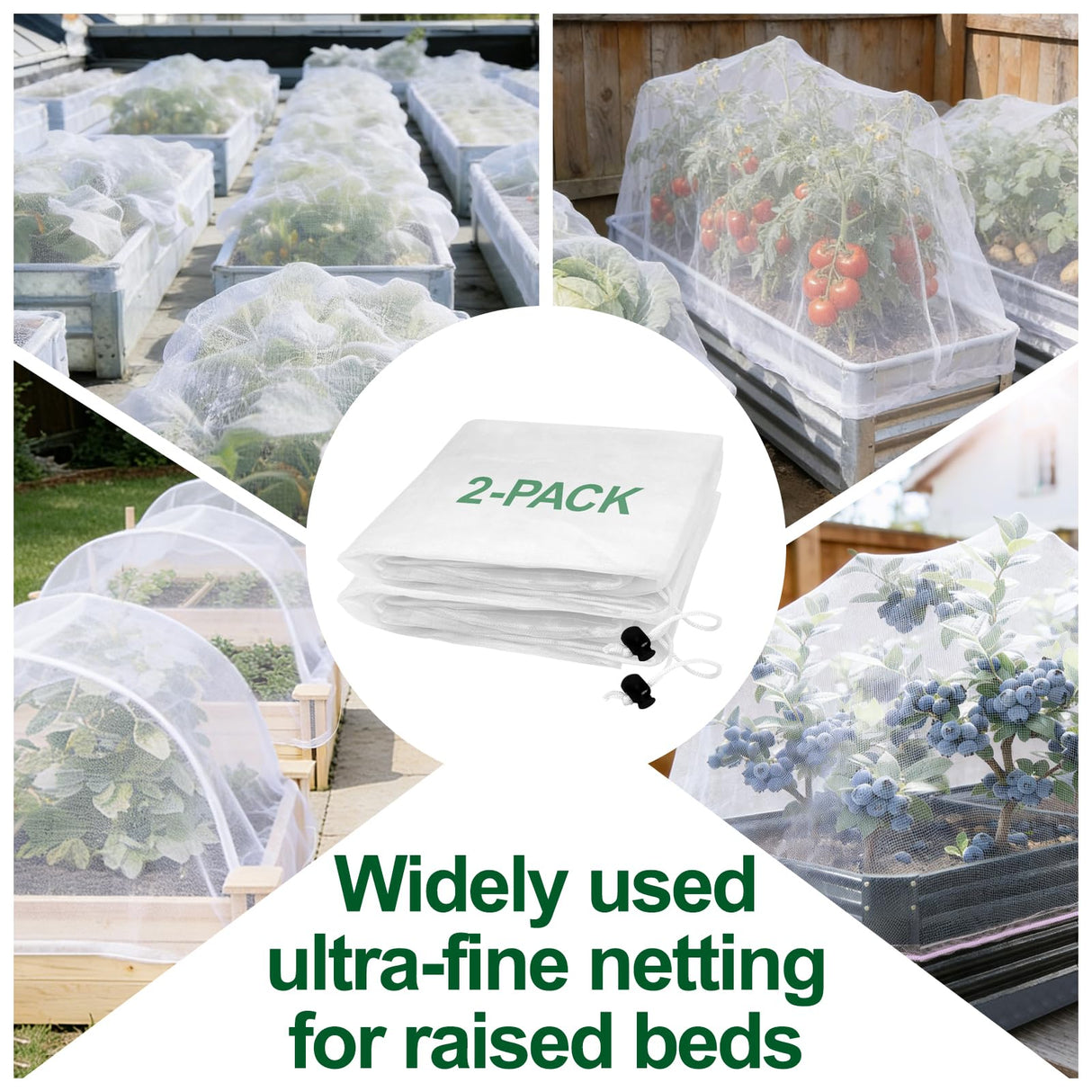 2 Pack Garden Netting for 8x4FT Raised Beds, Ultra-Fine Mesh Plant Covers with Drawstring, Bird, Pest & Small Animal Barrier for Vegetables, Fruits & Flowers