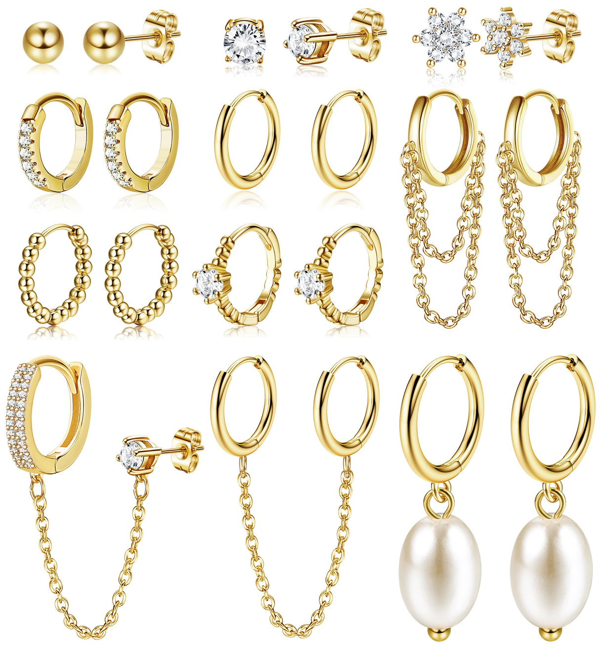HAIAISO 10 Pairs Small Gold Huggie Hoop Earrings for Women Lightweight Double Piercing Chain Earrings 14K Gold Plated Dainty Ball Stud Earrings Hypoallergenic Gold Earring Set