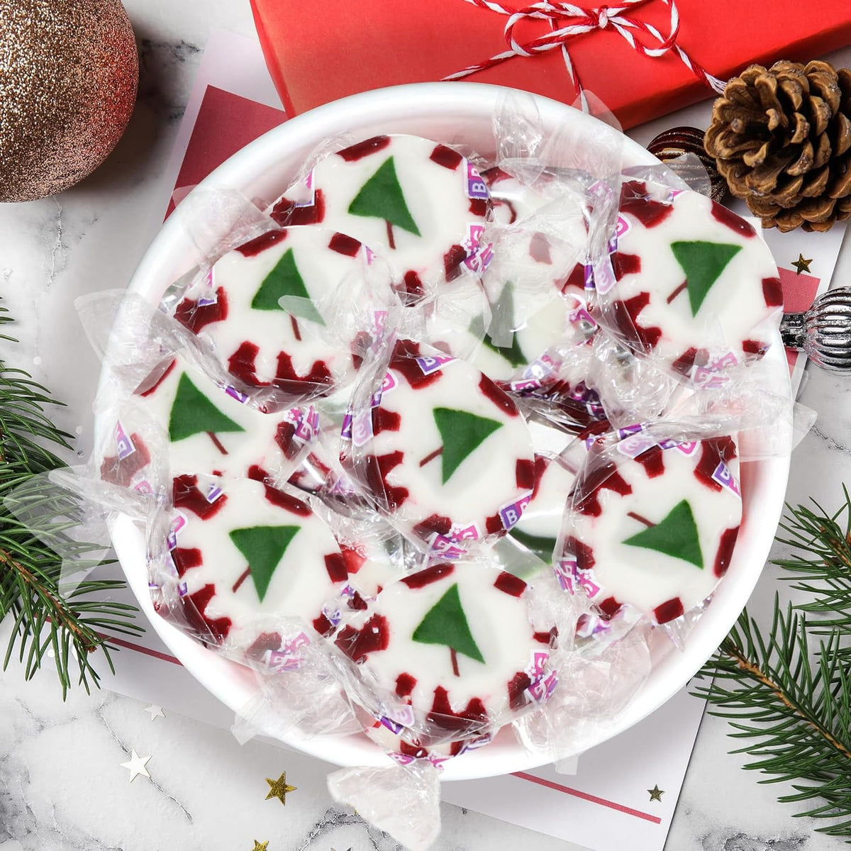 Bulk Christmas Peppermint Nougats 2 lb Pack - Soft Chewy Mint Candy with Green Christmas Tree Center - Individually Wrapped Holiday Candies for Candy Bowls, Parties & Gifts (Approx 110 Pieces)