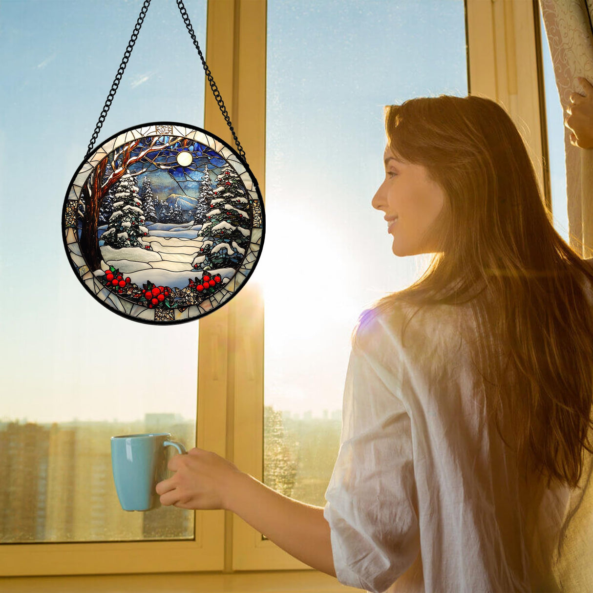 DASTOLL Stained Glass Window Hanging Christmas Tree Winter Snow Night Scenery 7.8" - Suncatcher Door Garden Kitchen Sun Catcher Home Decor Birthday for Mom Men Woman Friend
